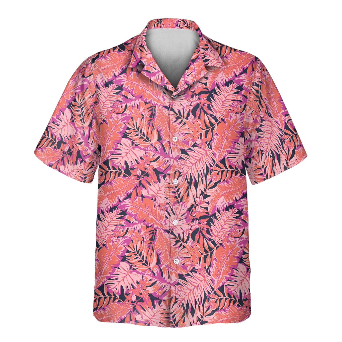Short-sleeve Aloha shirt featuring a bright pink, coral, and navy tropical floral monstera leaf pattern.