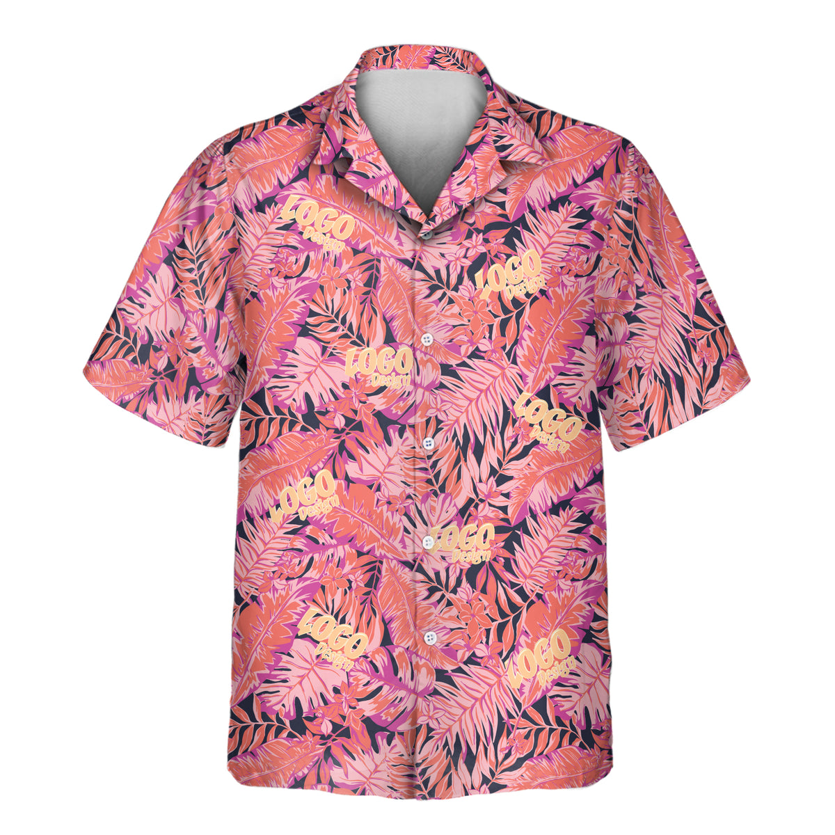 Short-sleeve custom Aloha shirt with a bright pink, coral, and navy tropical floral leaf pattern featuring repeated yellow custom logo placements throughout.