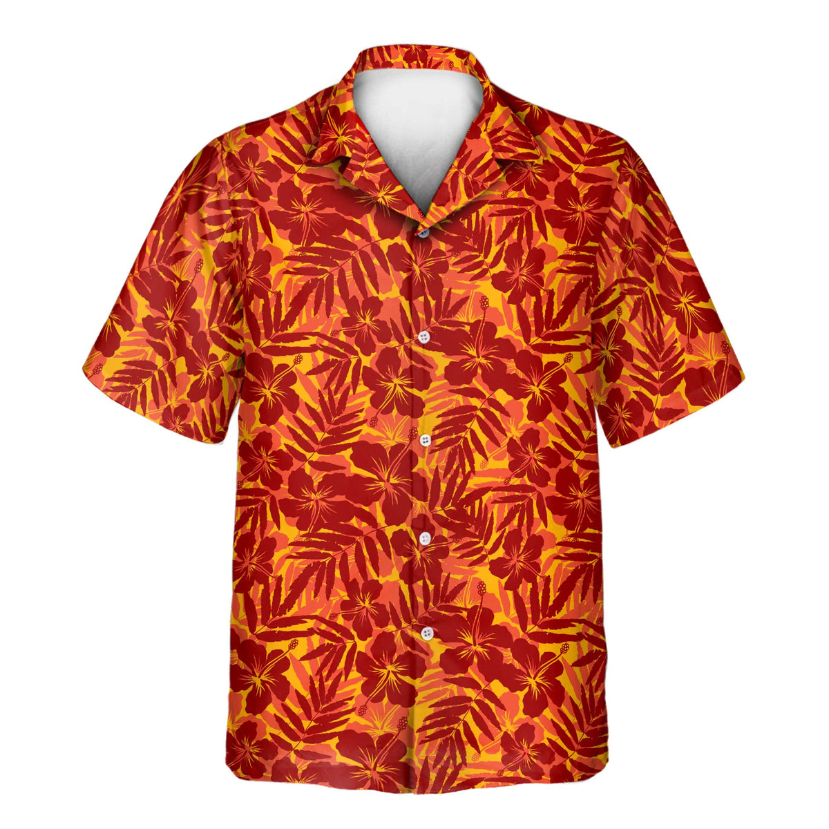 Red and orange tropical silhouettes custom aloha shirt with company logo customization.