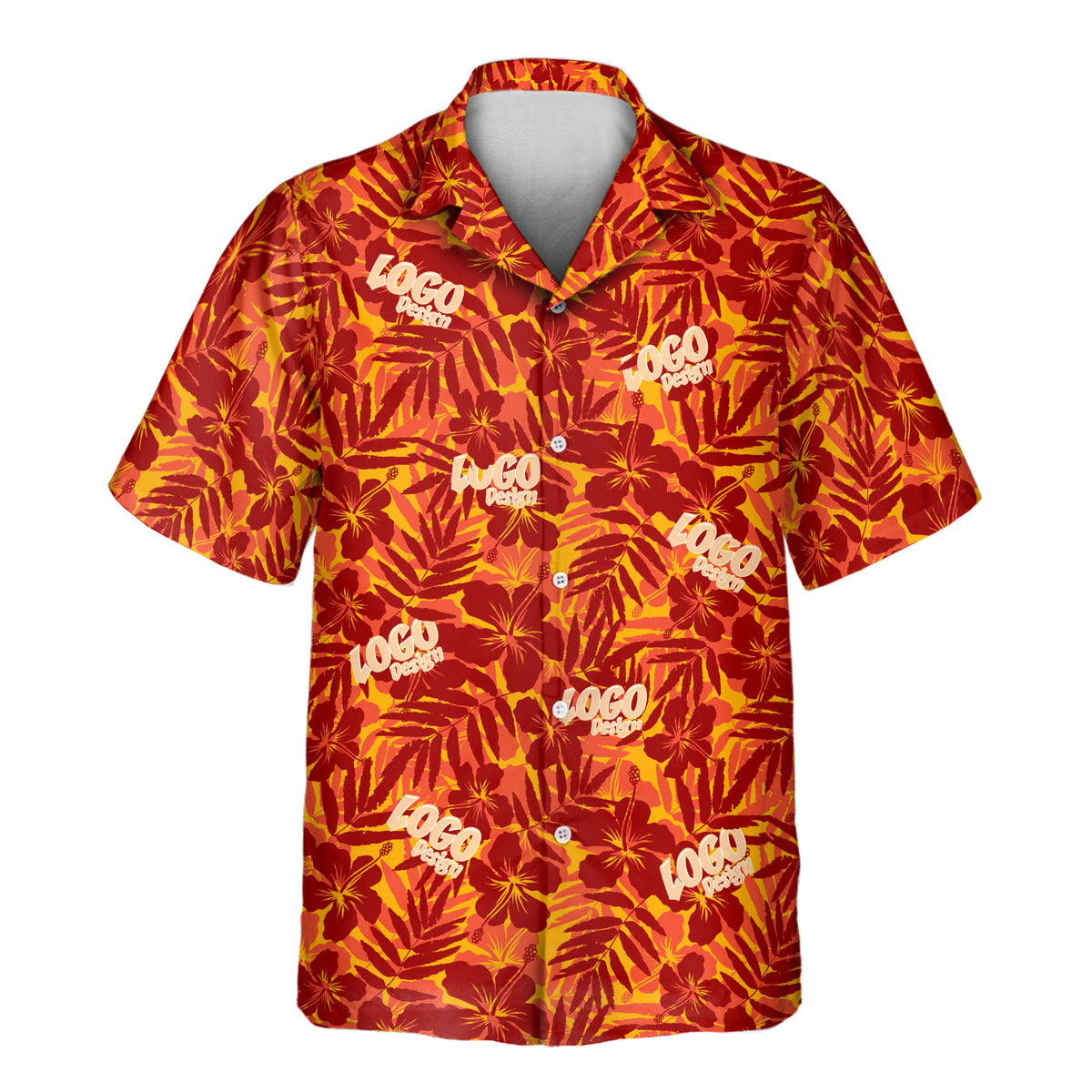 Red and orange tropical floral aloha shirt with repeated custom logo designs.