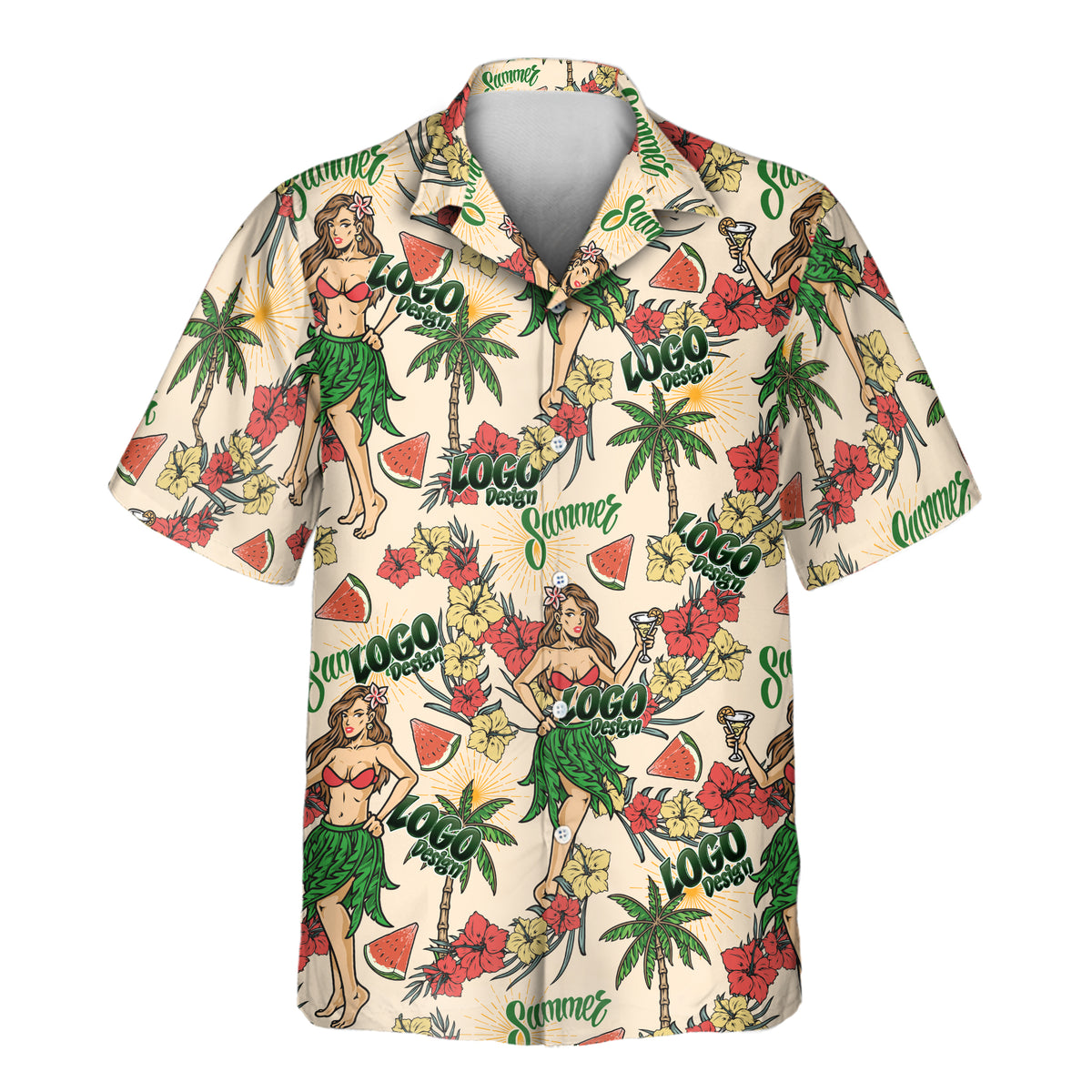 Island Party Vibes custom Aloha shirt with multiple company logos and colorful tropical pattern
