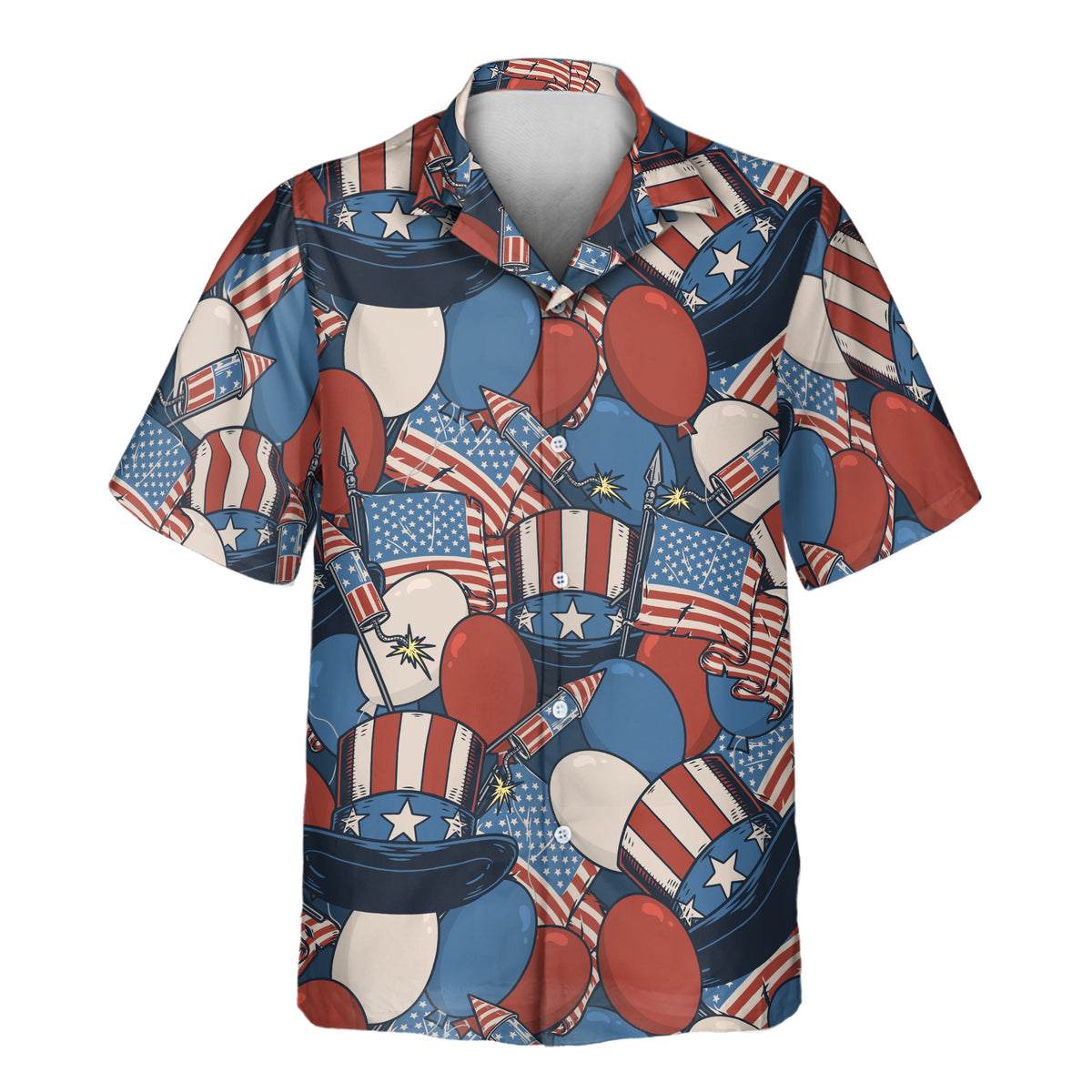 Retro American Patriotism Aloha shirt with red, white, and blue balloons, stars, stripes, and patriotic party hats