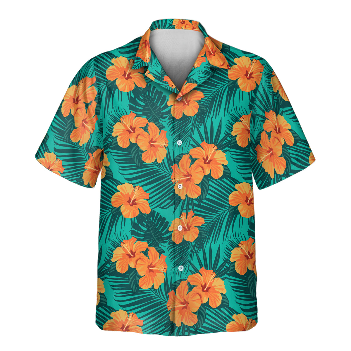 Teal Tropical Flowers and Palm Leaves custom Aloha shirt featuring vibrant orange hibiscus flowers and layered dark green tropical leaves.