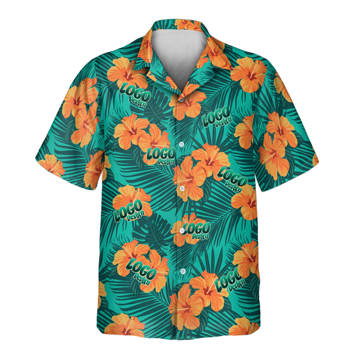 Teal Tropical Flowers and Palm Leaves custom Aloha shirt featuring vibrant orange hibiscus flowers, layered tropical foliage, and multiple repeating green logo designs across the front.