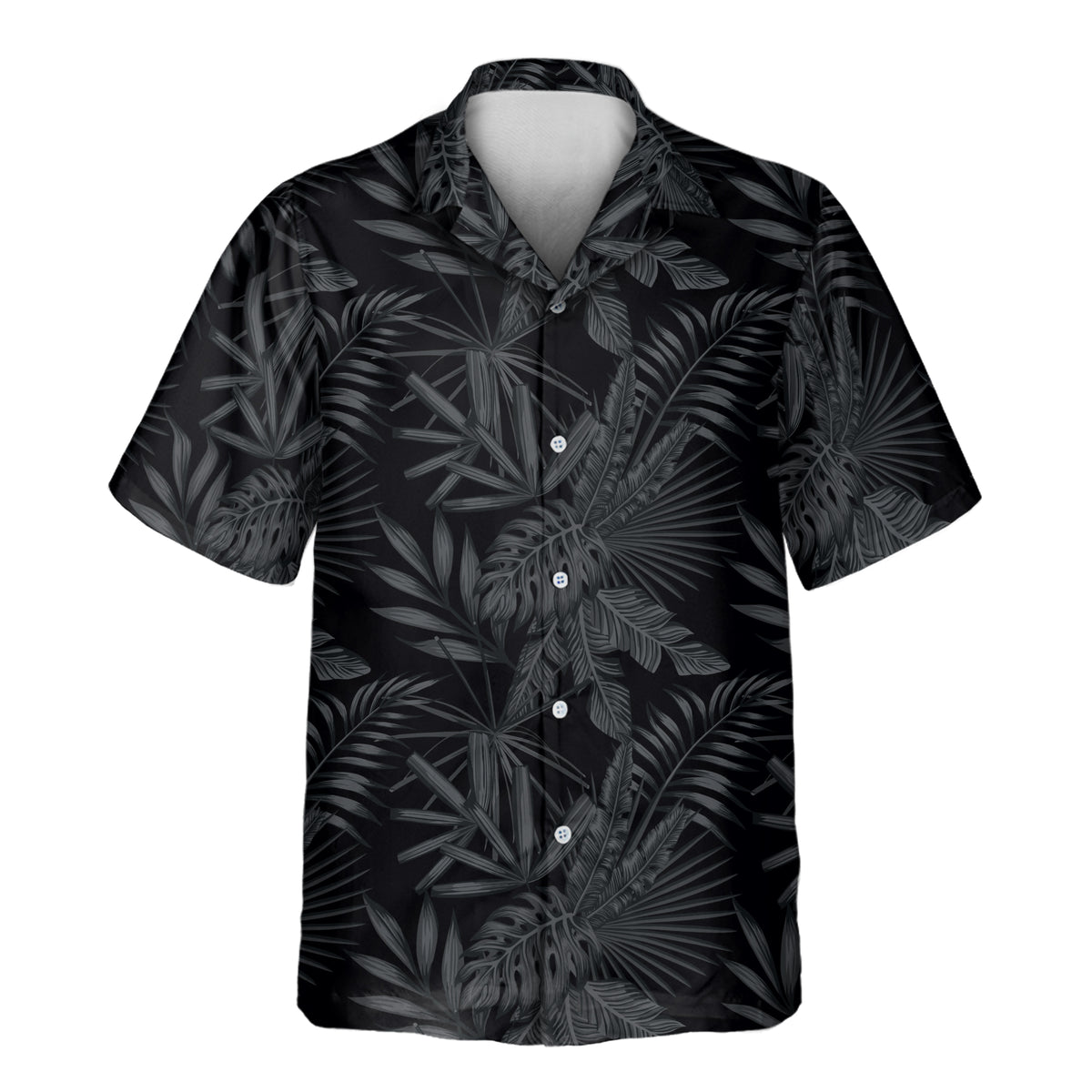 Black MonoTropics custom Aloha shirt featuring a monochrome tropical print with palm leaves, monstera leaves, and lush botanical foliage.