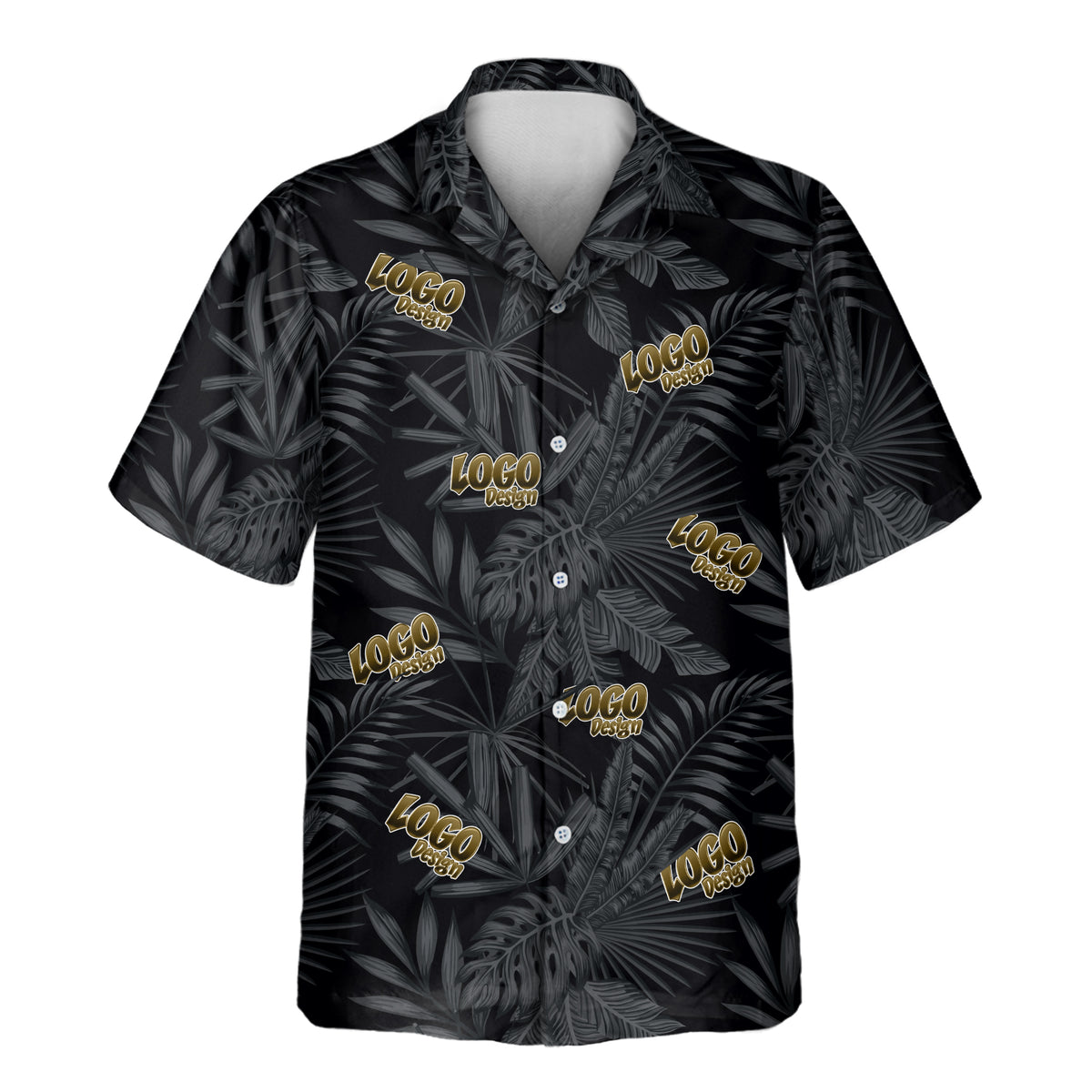 Black MonoTropics custom Aloha shirt featuring a monochrome tropical leaf pattern with multiple repeating gold logo designs across the front.