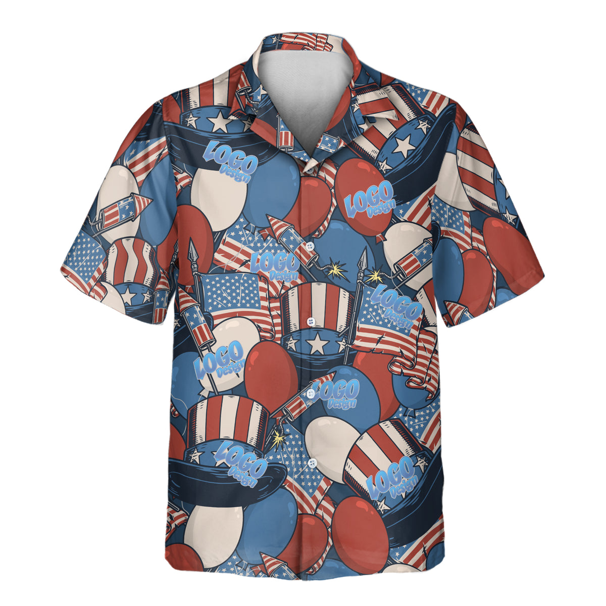 Retro American Patriotism custom Aloha shirt featuring a bold red, white, and blue patriotic pattern with personalized logos