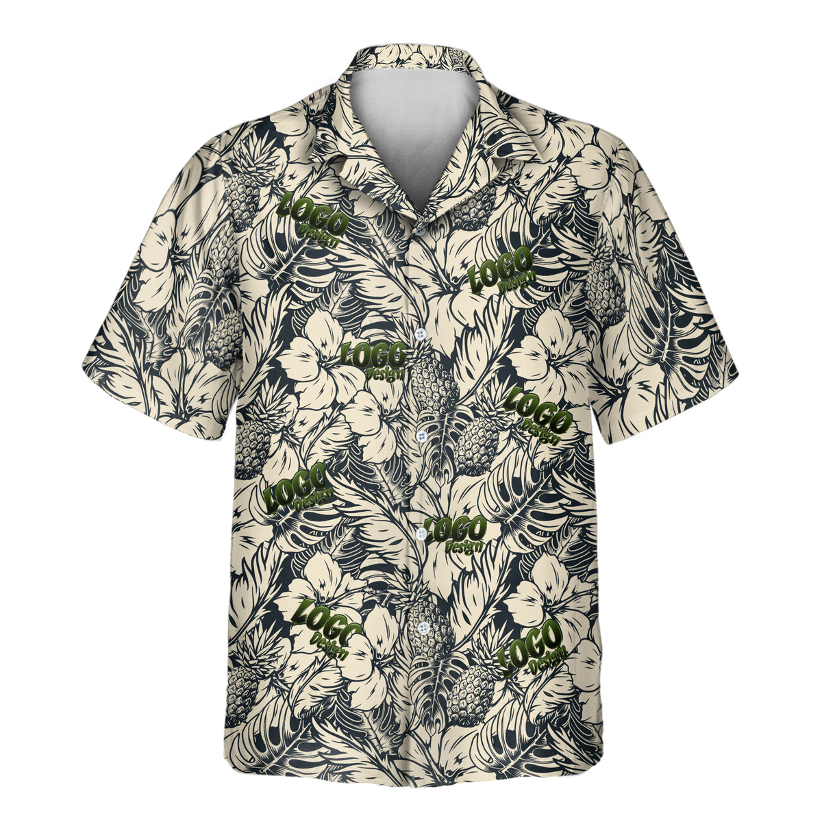 Custom Tropical Garden Elegance Aloha shirt with tropical hibiscus, pineapple, and foliage print with repeating green logo placements.