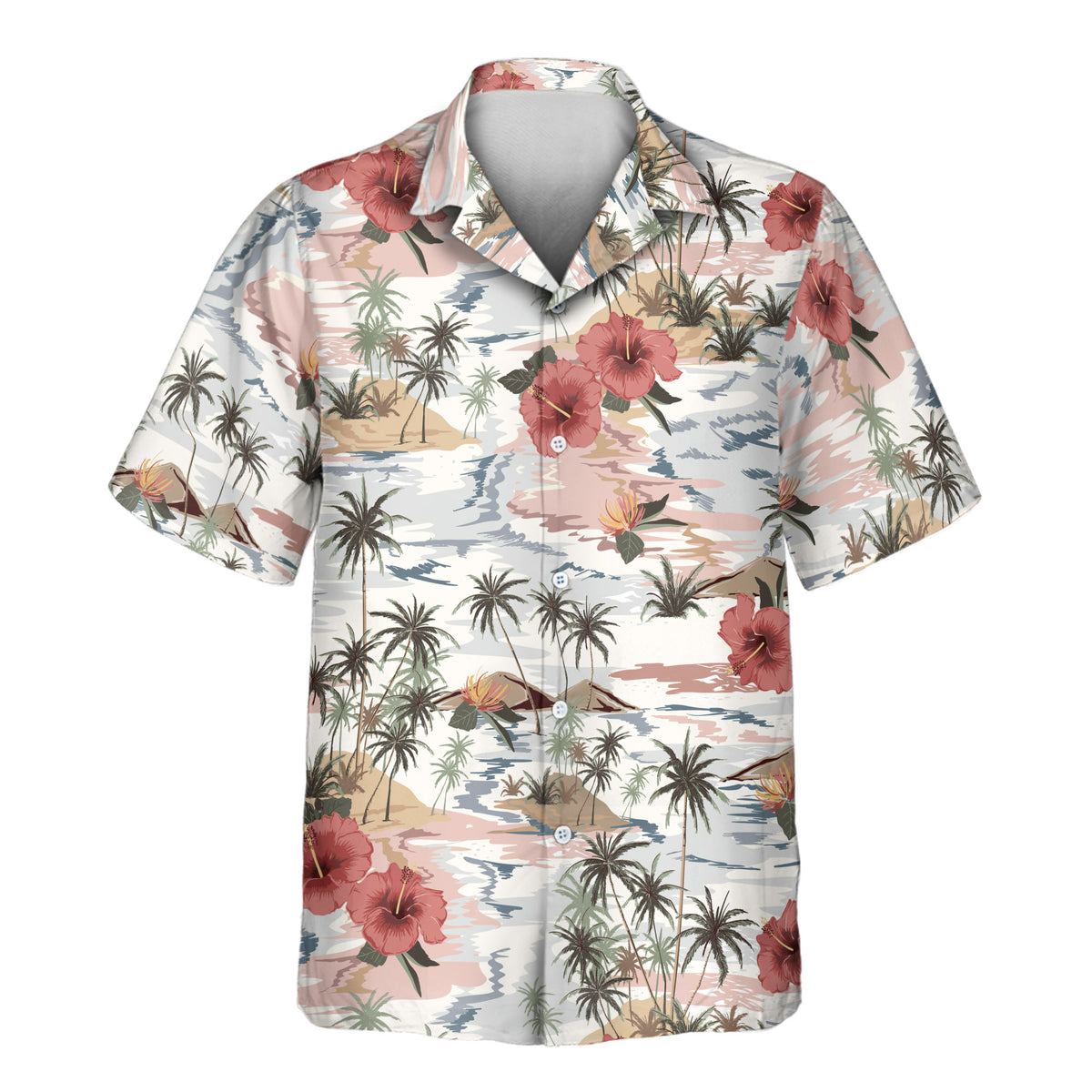 Vintage Island Palm Hibiscus custom Aloha shirt with tropical palm trees, hibiscus flowers, islands, and coastal patterns.