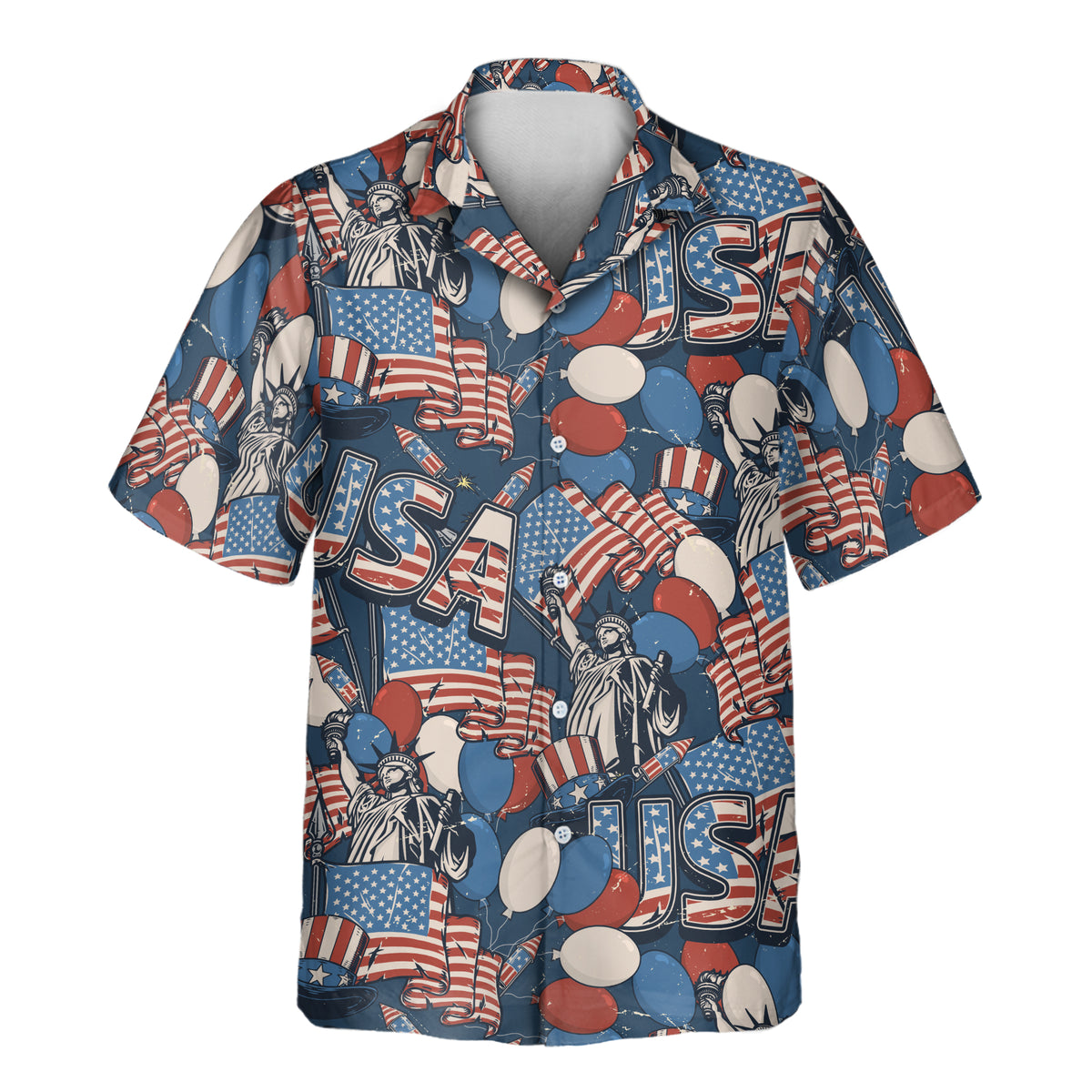 Retro USA Flag custom Aloha shirt featuring red, white and blue American flag graphics, stars, stripes, balloons.