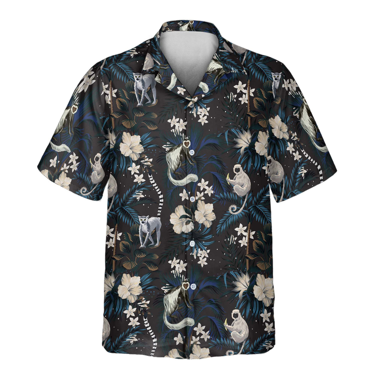 Tropical Night Bloom custom Aloha shirt featuring a dark tropical print with lemurs, cream hibiscus flowers, white blossoms, and blue-green foliage.