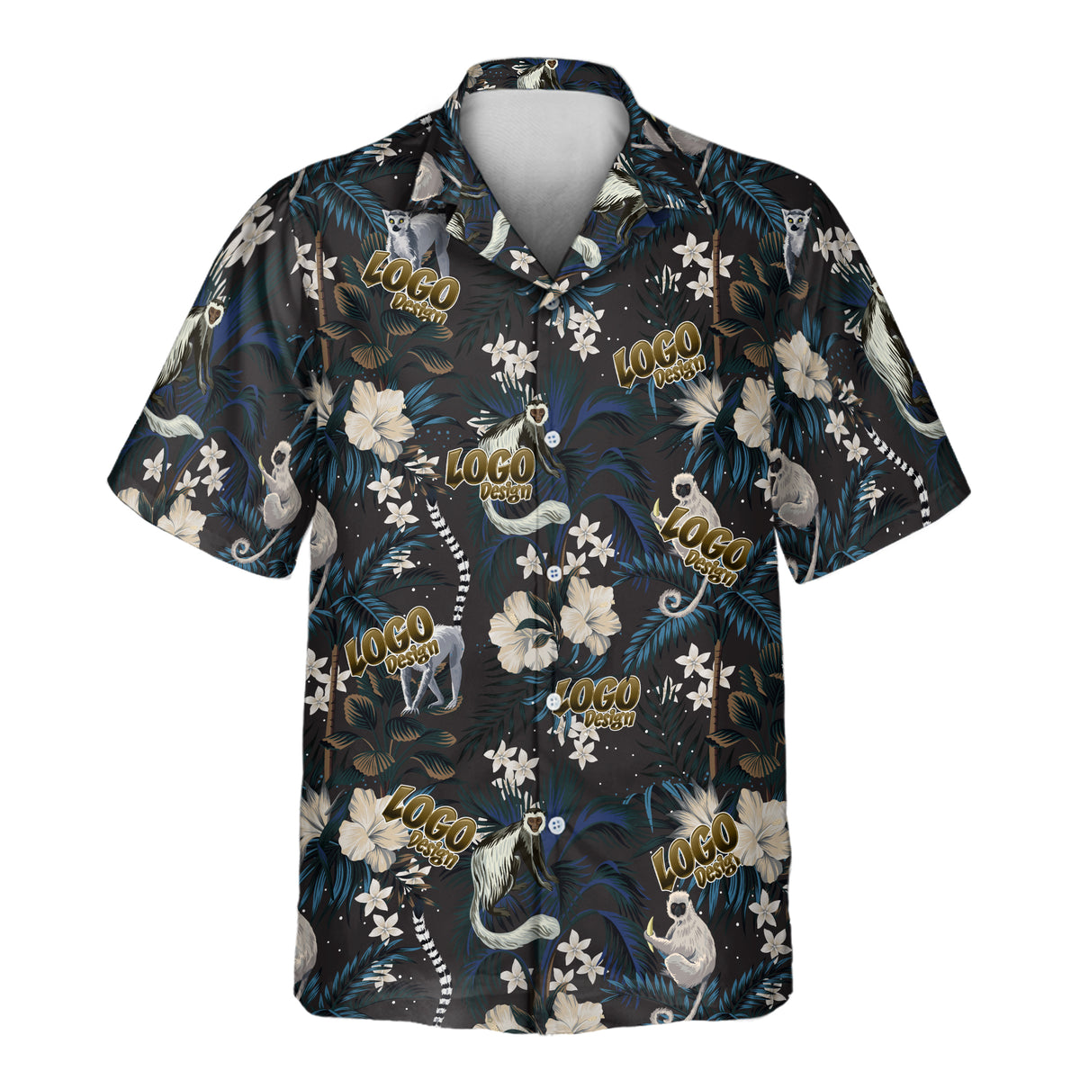 Black Tropical Night Bloom custom Aloha shirt featuring lemurs, cream hibiscus flowers, tropical foliage, and multiple repeating gold logo designs across the front.