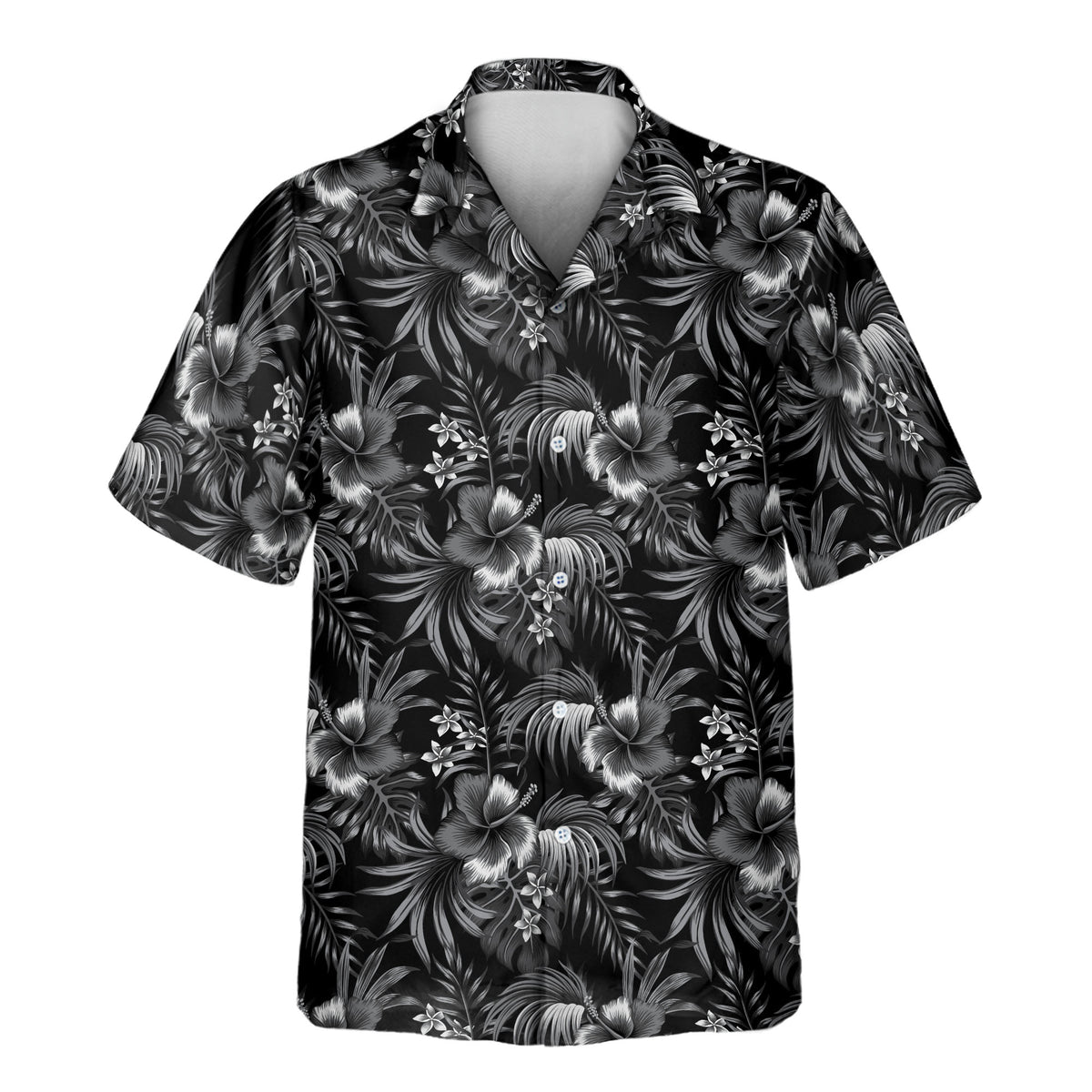 Midnight Hibiscus Paradise custom Aloha shirt featuring a detailed monochrome tropical print with hibiscus flowers, palm leaves, and botanical foliage.