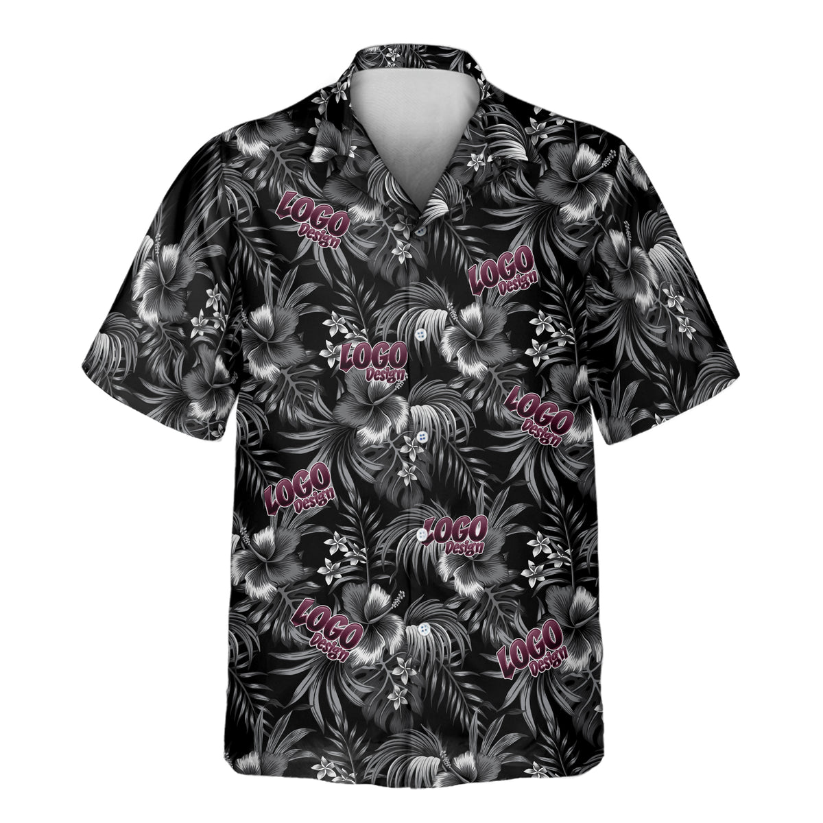 Midnight Hibiscus Paradise custom Aloha shirt featuring a monochrome tropical floral and botanical print, accented with multiple repeating pink logo designs across the front.