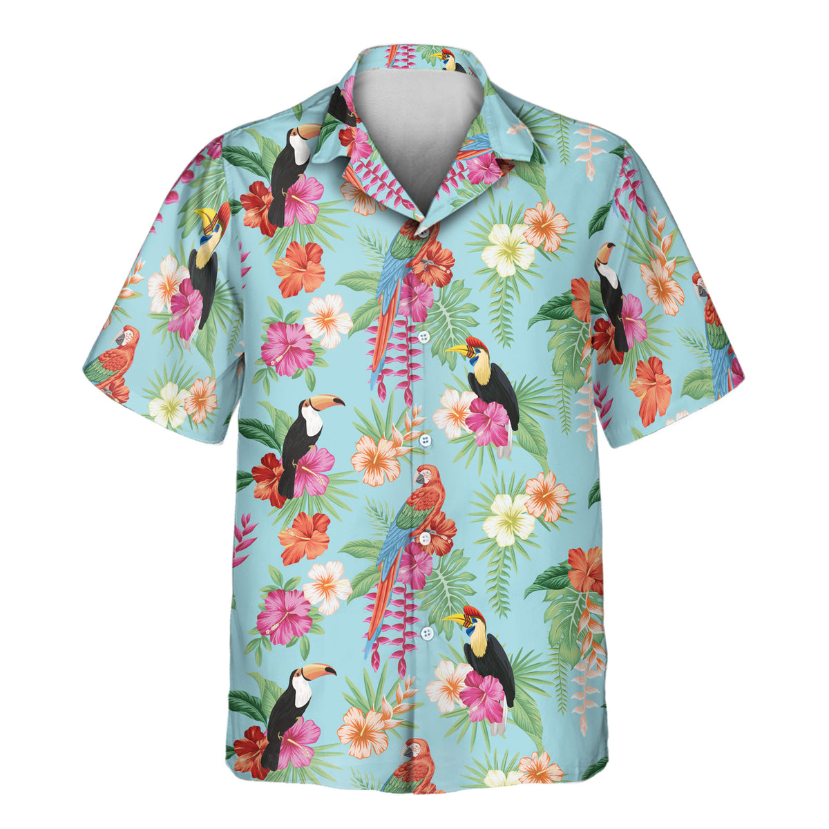 Tropical Toucan & Macaw Paradise custom Aloha shirt with a light blue tropical print featuring colorful toucans, parrots, hibiscus flowers, and lush green foliage.