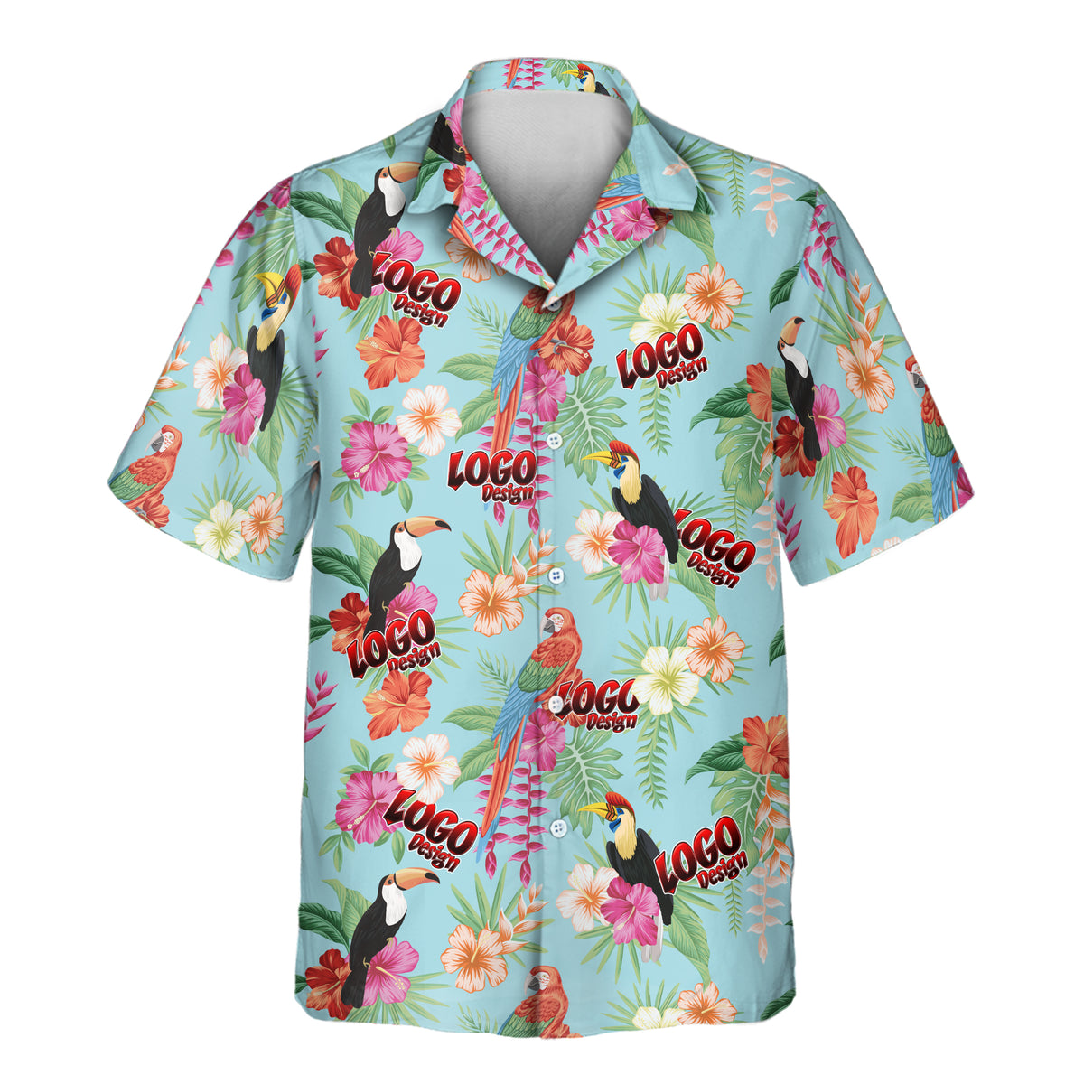Tropical Toucan & Macaw Paradise custom Aloha shirt featuring a vibrant tropical print with toucans, colorful birds, hibiscus flowers, and lush foliage, accented with multiple repeating red logo designs across the front.