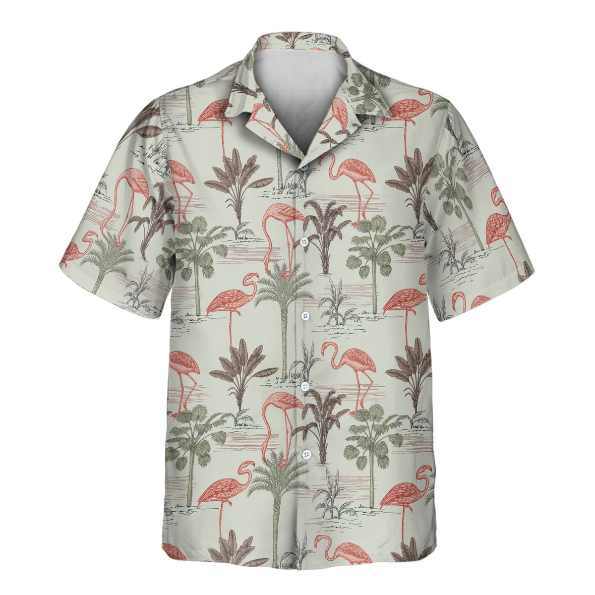 Exotic Jungle custom Aloha shirt featuring a tropical print with pink flamingos, palm trees, and botanical foliage on a light green background.