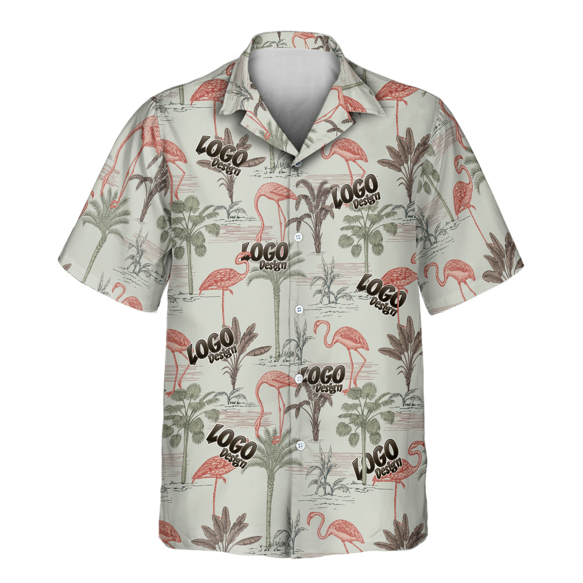 Custom Exotic Jungle Aloha shirt featuring a vintage tropical print with pink flamingos, palm trees, and botanical foliage, accented with multiple repeating logo designs across the front.