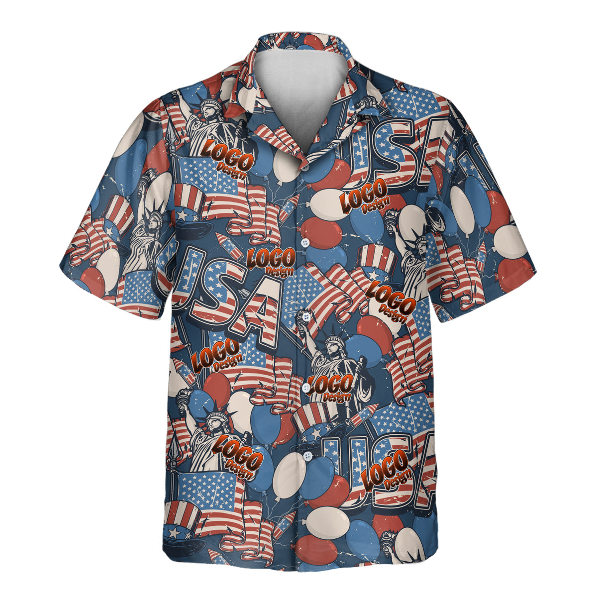 A short-sleeve button-up camp shirt with a patriotic USA-themed print featuring the Statue of Liberty, American flags, balloons, and large 'USA' lettering on a blue background.