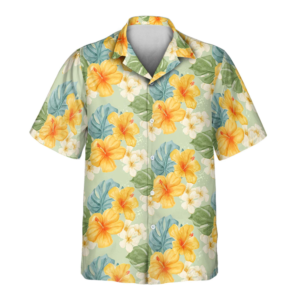 Tropical Hibiscus Vibes custom Aloha shirt with yellow hibiscus flowers, tropical green leaves, white blossoms, and a mint-green background.