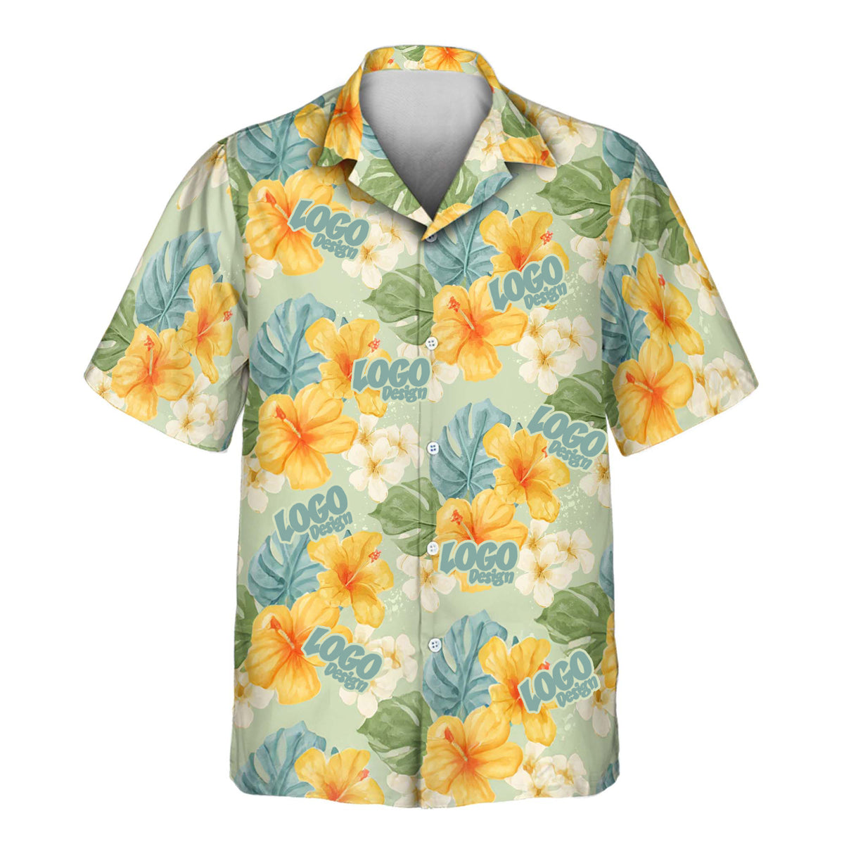 A short-sleeve button-up camp shirt with a tropical floral pattern featuring yellow hibiscus, white plumeria, and blue-green leaves on a pale mint green background. The shirt is printed with the text 'LOGO FOREST' repeated throughout.