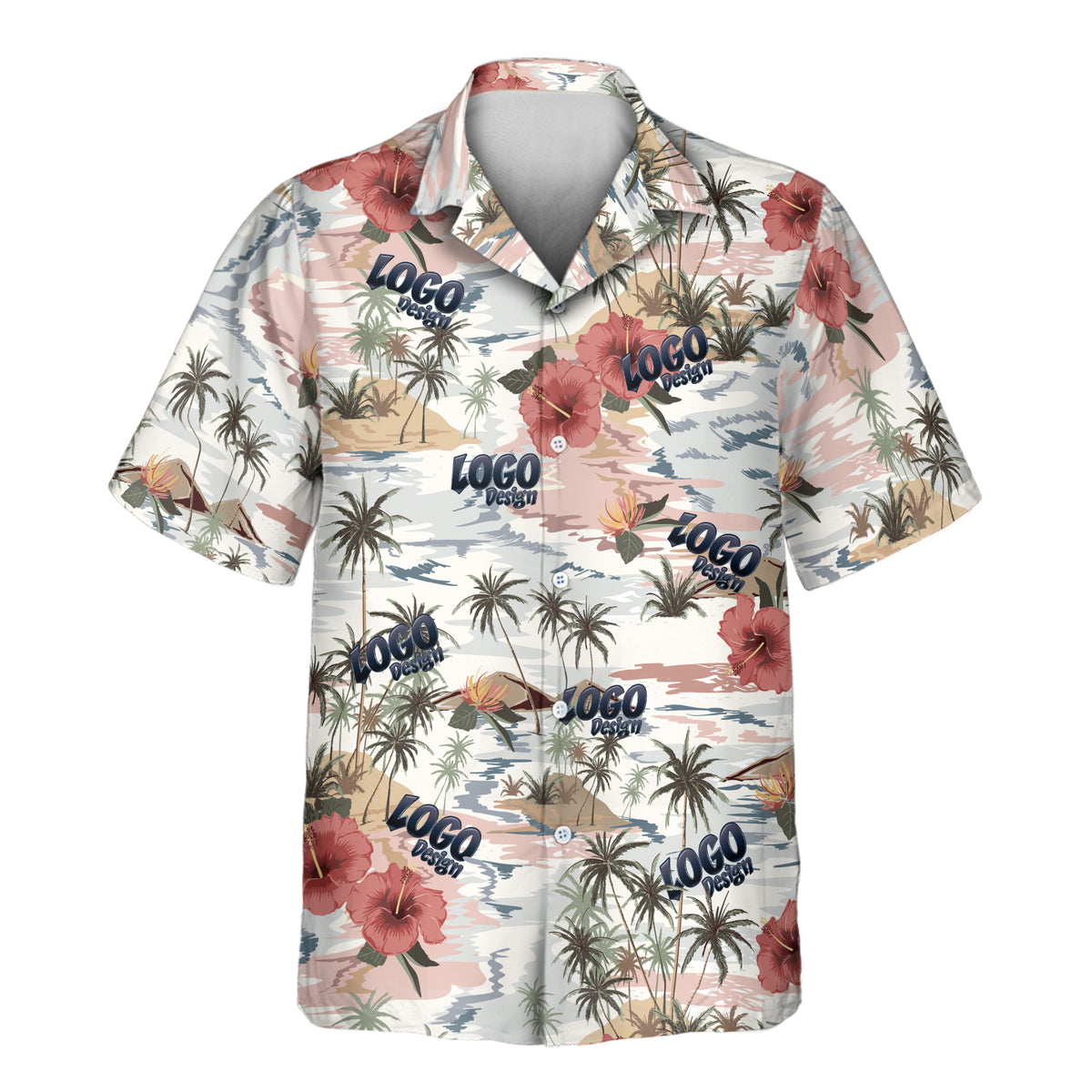 Vintage Island Palm Hibiscus custom Aloha shirt with tropical palm trees, hibiscus flowers, islands, and coastal patterns.