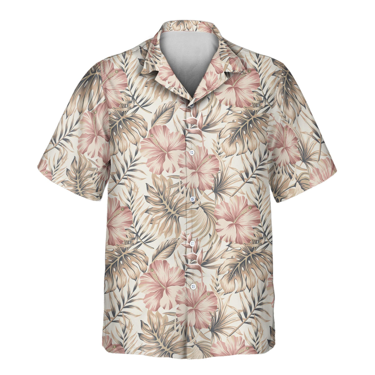 Custom Aloha shirt with a cream background, vintage pink hibiscus flowers, beige palm leaves, and muted charcoal tropical foliage.