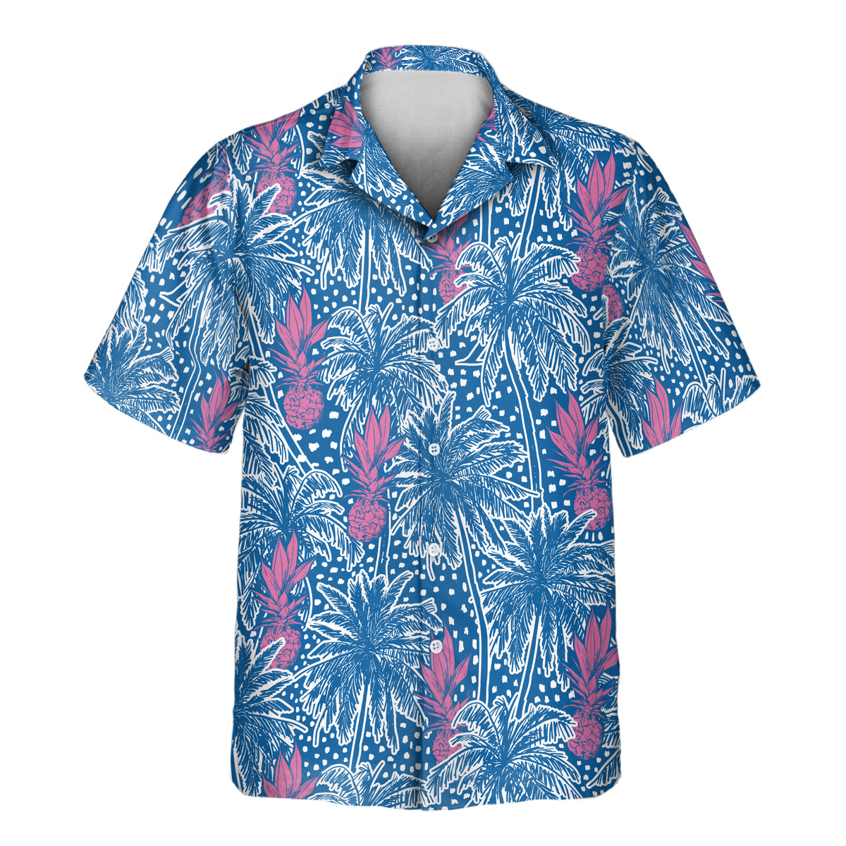 Pineapple Paradise custom Aloha shirt featuring pink pineapples, white palm trees, and tropical foliage on a deep blue background.