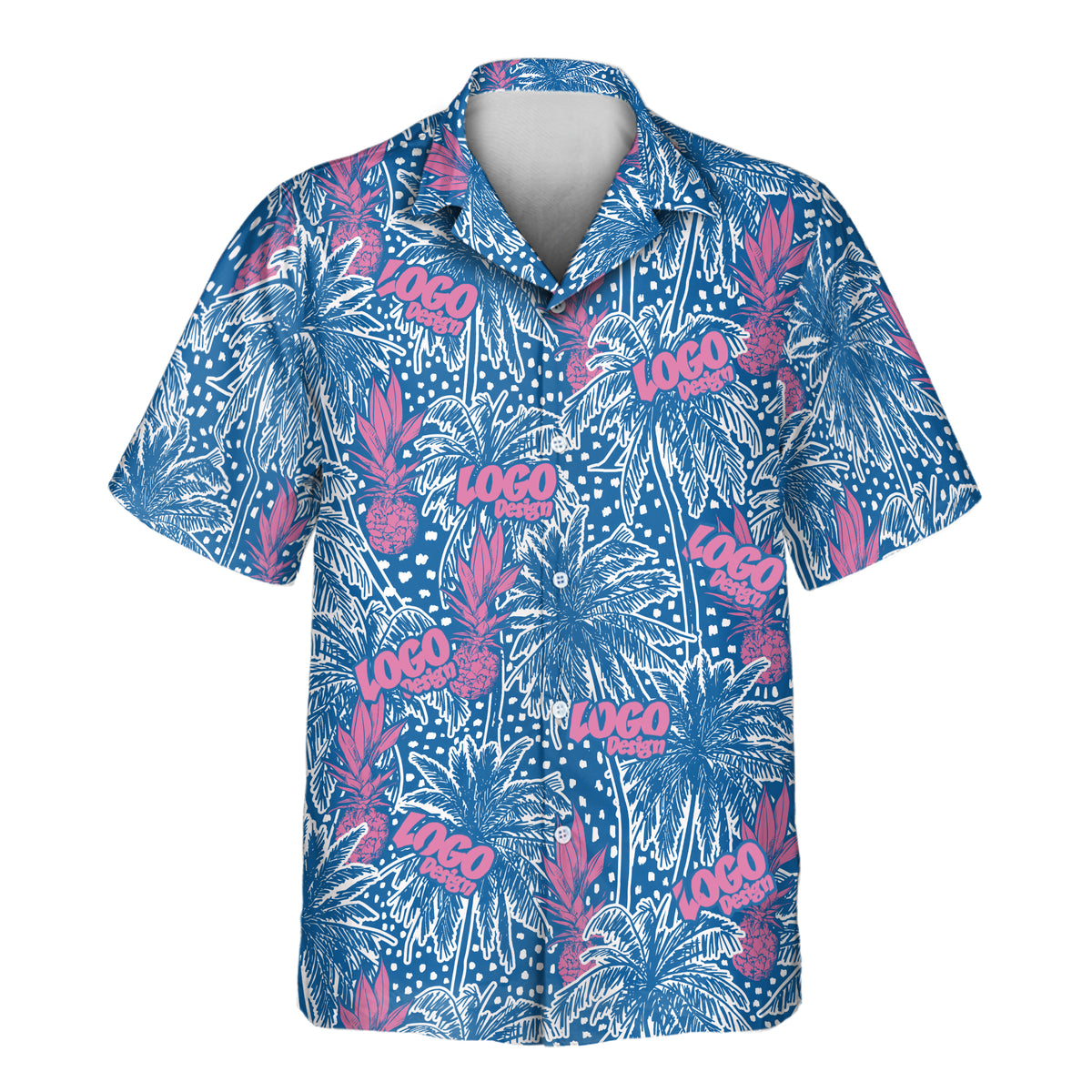 Pineapple Paradise custom Aloha shirt featuring pink pineapples, white palm trees, and tropical foliage on a deep blue background.