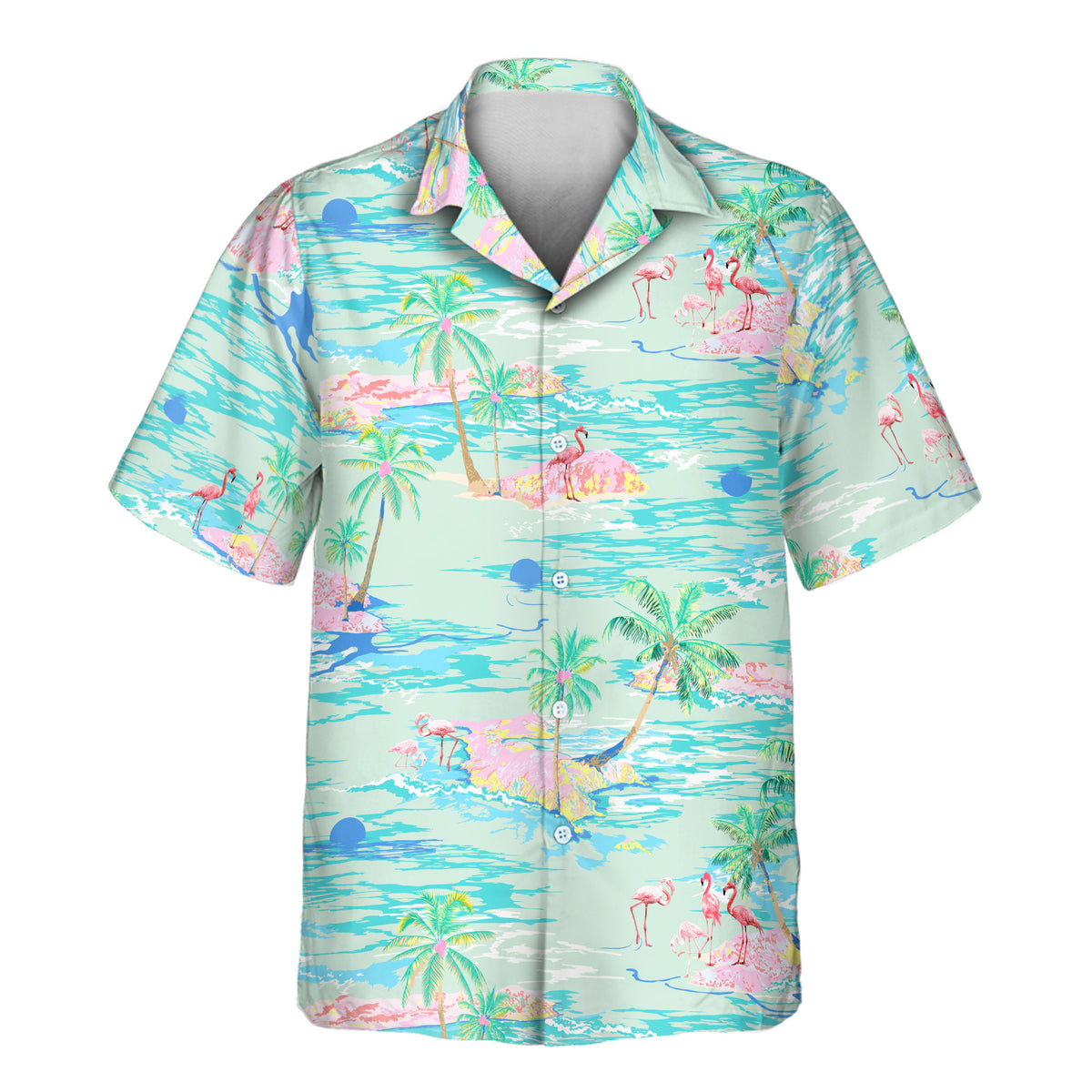 A short-sleeve button-up camp shirt with a tropical beach print featuring palm trees, flamingos, and waves in pastel colors on a mint green background.