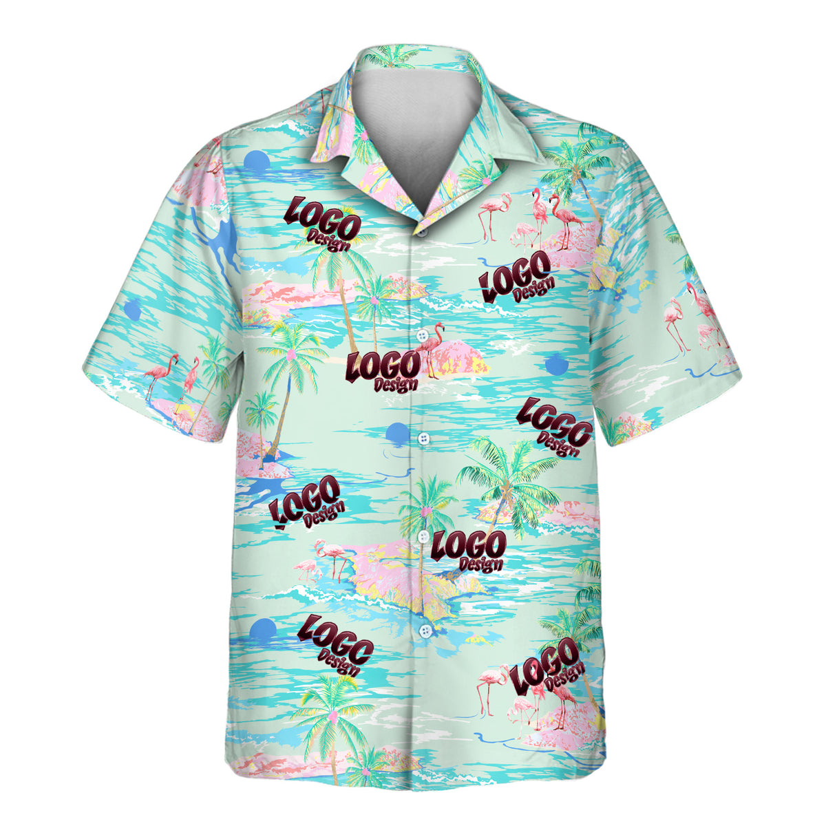 A short-sleeve button-up camp shirt with a tropical beach print featuring turquoise water, pink flamingos, palm trees, and pink umbrellas, with 'LOGO PARTY' text repeated across the front.