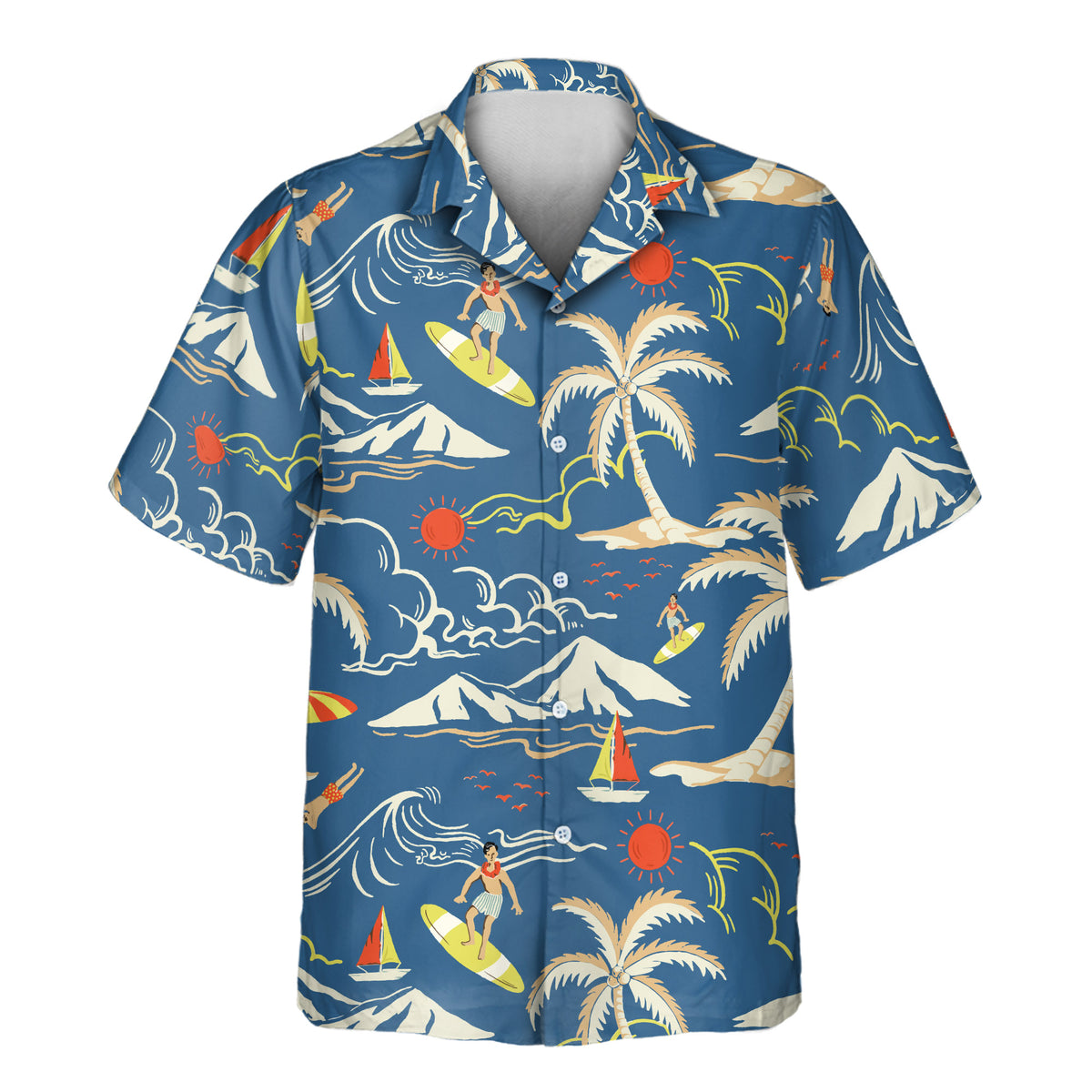 A short-sleeve button-up camp shirt with a vibrant blue base and a retro tropical print featuring palm trees, surfers, sailboats, mountains, and red suns.