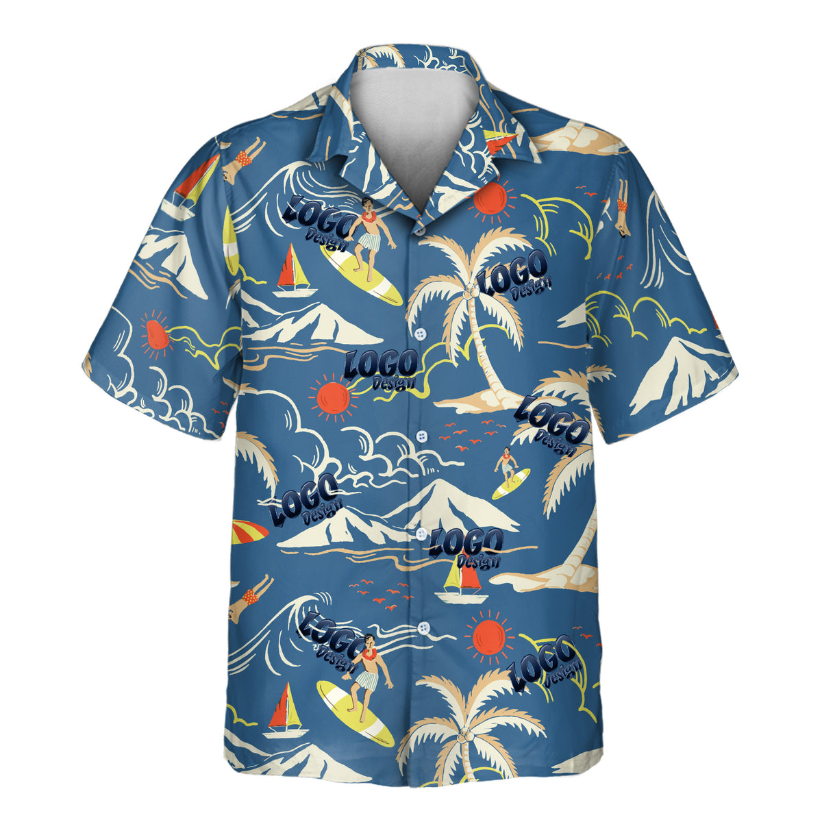 A short-sleeve button-up camp shirt with a blue base and a detailed tropical print featuring palm trees, surfers, waves, mountains, and the text 'logo tropical'.