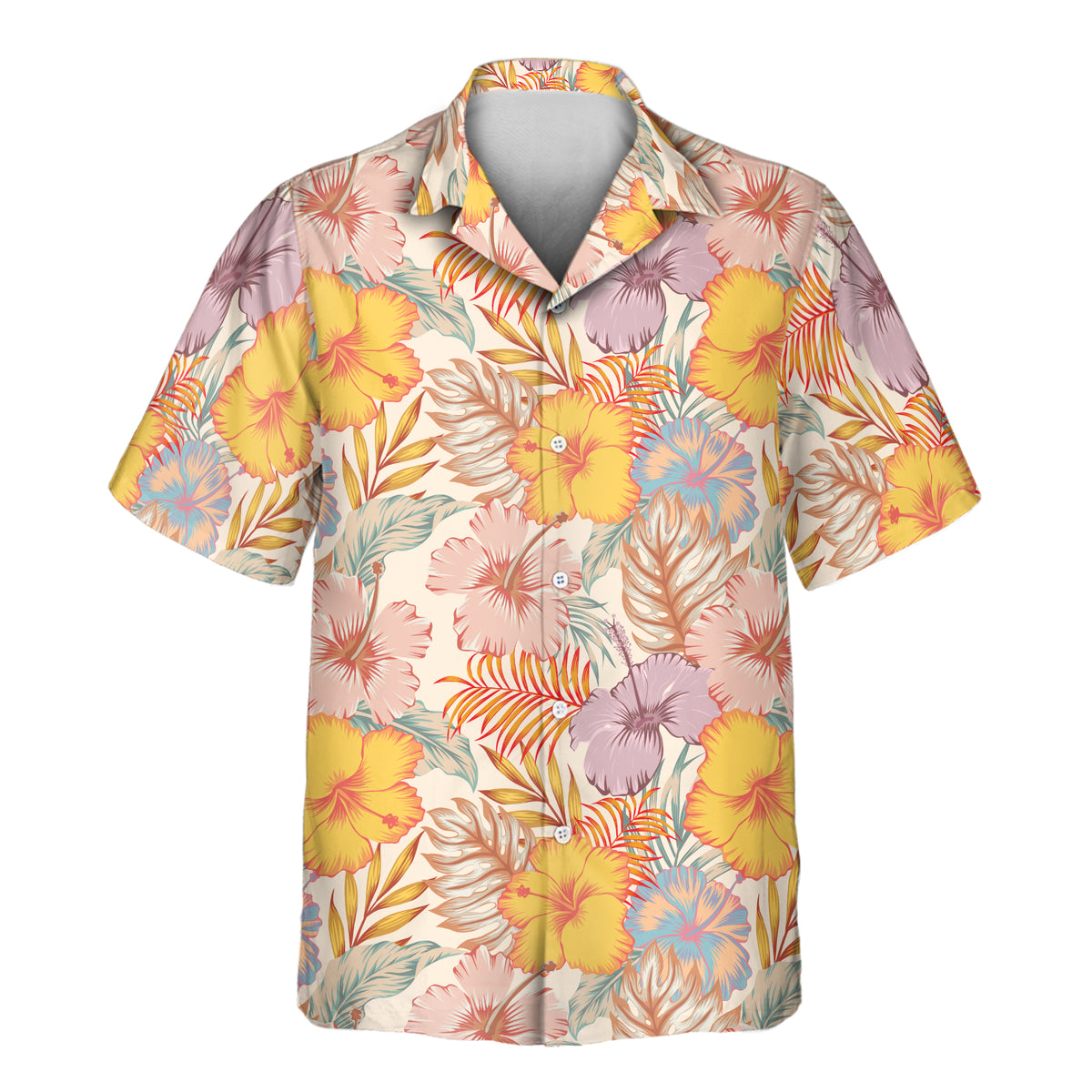 Hawaiian shirt with colorful floral pattern on a white background
