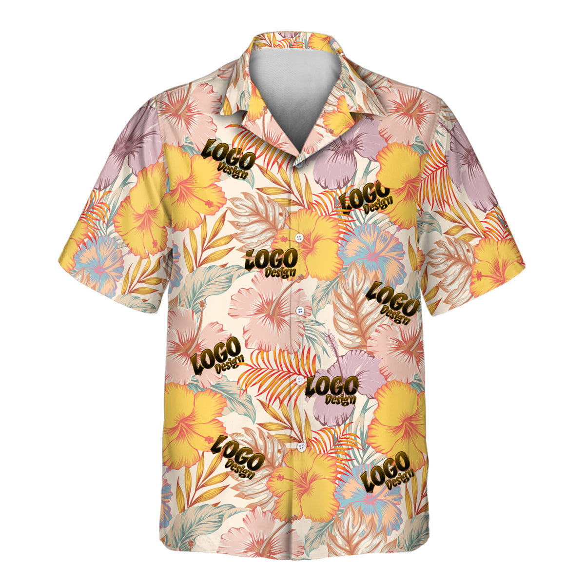 A short-sleeve button-up camp shirt with a tropical floral print on a cream background, featuring yellow hibiscus, pink and blue flowers, palm leaves, and repeated 'logo power' text.