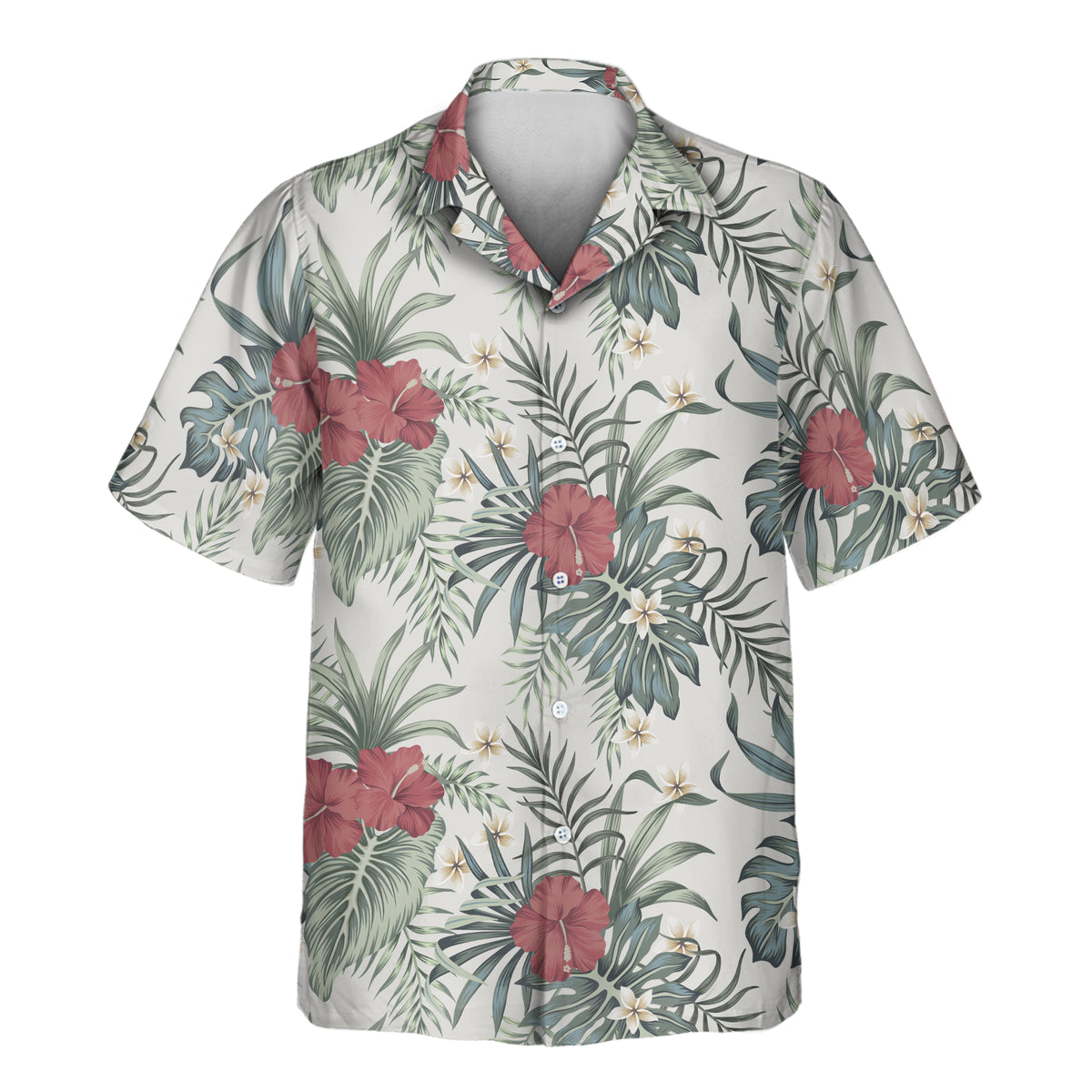 Hawaiian shirt with tropical leaf and flower pattern on a white background