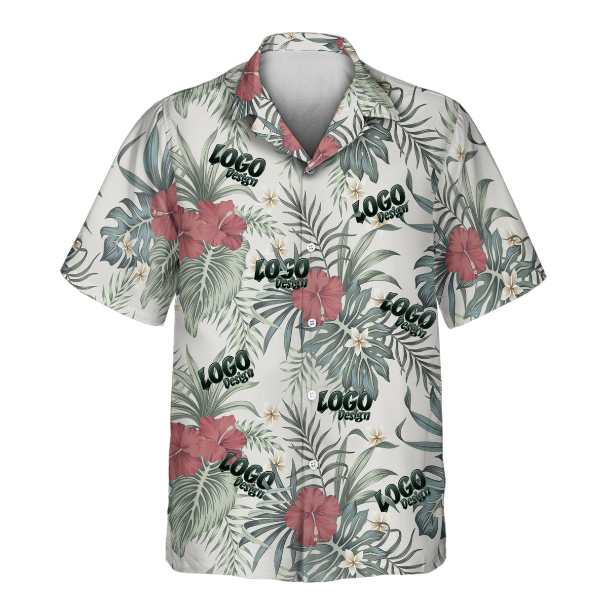 A short-sleeve camp collar button-up shirt with an all-over tropical print featuring palm leaves, hibiscus flowers, and repeated 'LOGO FOREX' text on a light background.