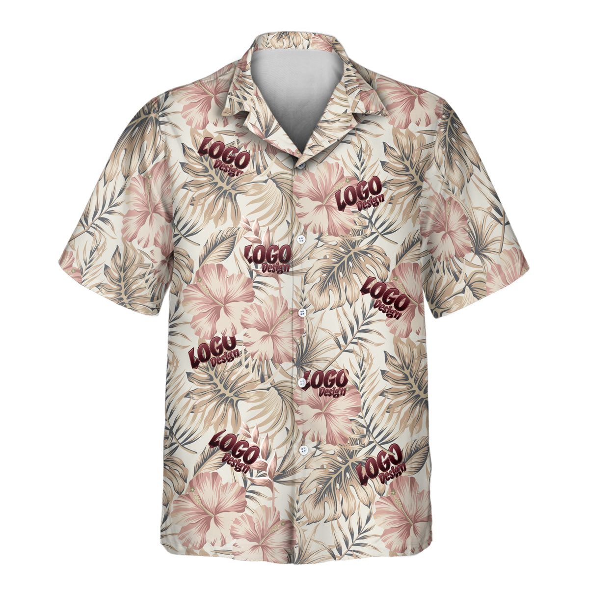 Custom Aloha shirt with logo, vintage pink hibiscus flowers, beige palm leaves, and muted charcoal tropical foliage.