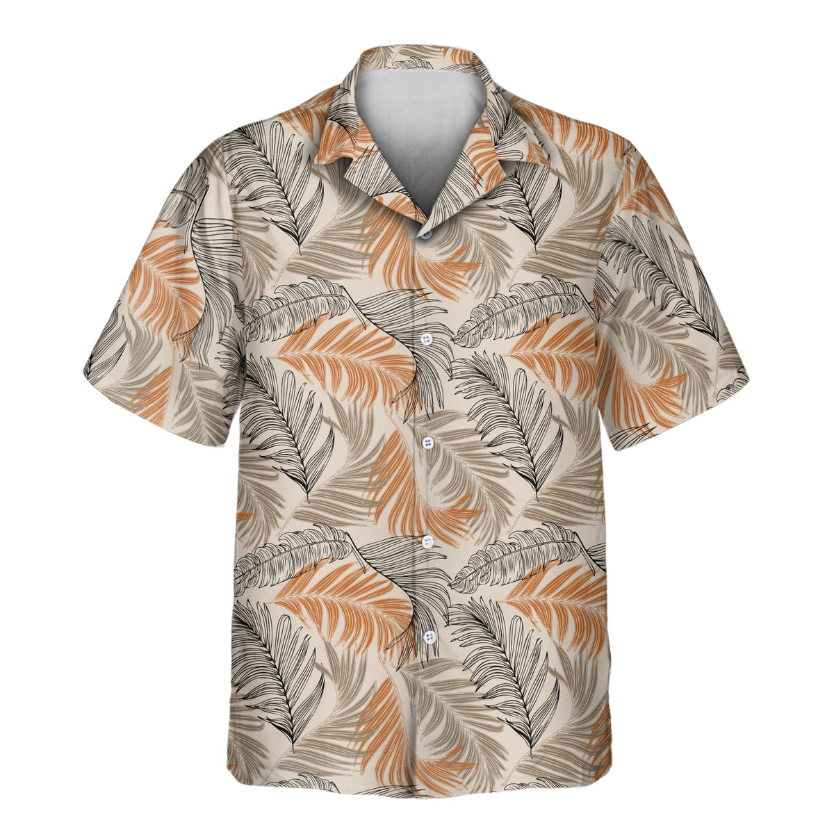 Lush Tropical Foliage custom Aloha shirt featuring an oversized palm-leaf pattern in orange, taupe, and black on a neutral background.