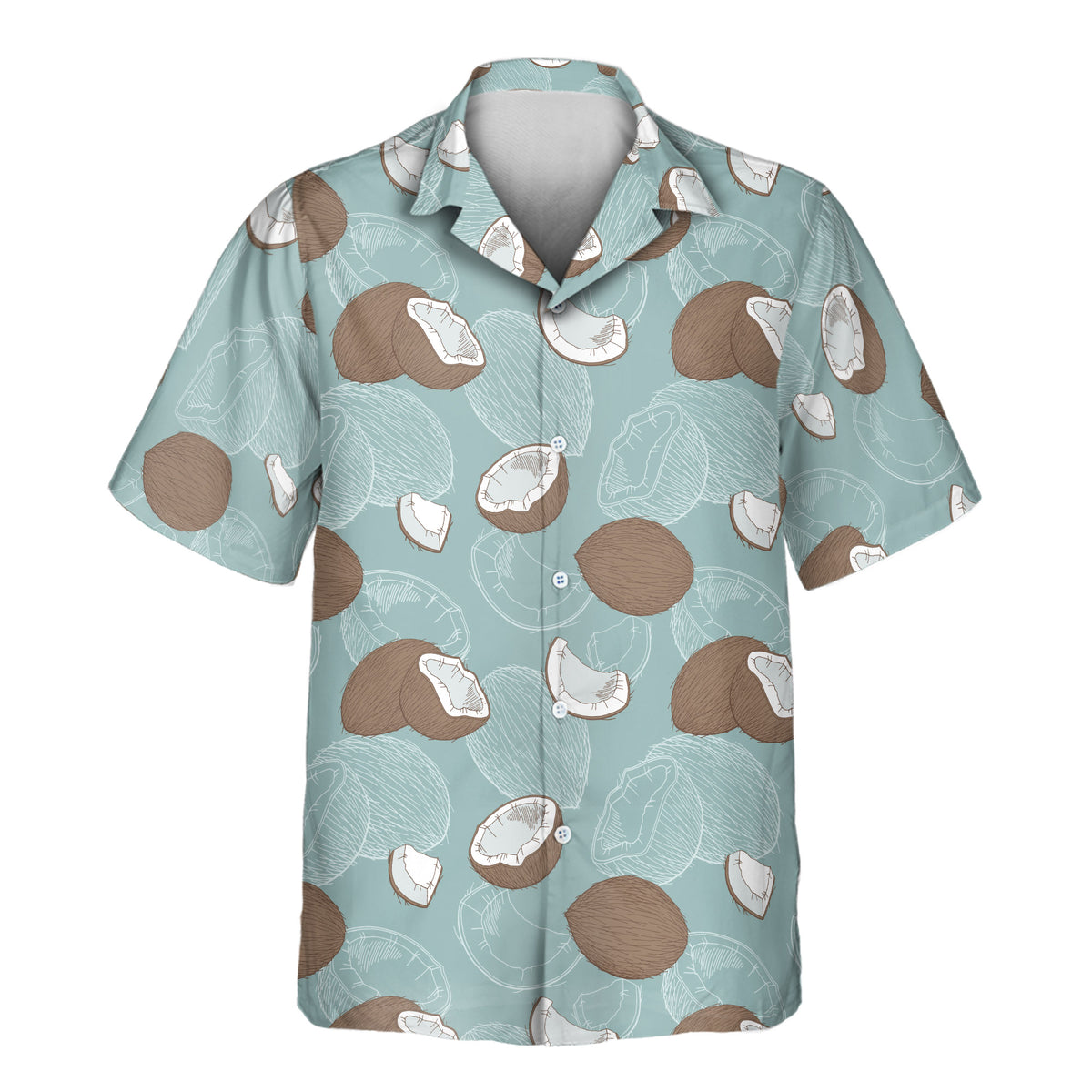 A short-sleeve button-up camp shirt with a light blue-green background and an all-over coconut print in brown, white, and beige, shown on a plain white background.