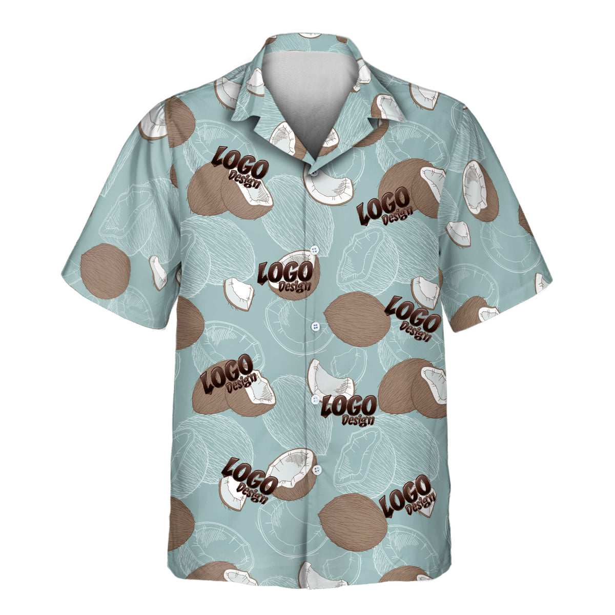 A short-sleeve button-up camp shirt with a light blue-green background and an all-over coconut print. The shirt features brown coconuts, white coconut halves, and brown-and-white 'LOGO MARK' text motifs.