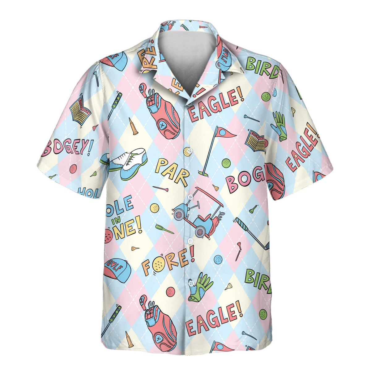 A short-sleeve button-up camp shirt with a colorful golf-themed print featuring the words 'EAGLE!', 'PAR', 'BOGIE!', and illustrations of golf clubs, balls, and tees on a pastel pink and blue diamond pattern.