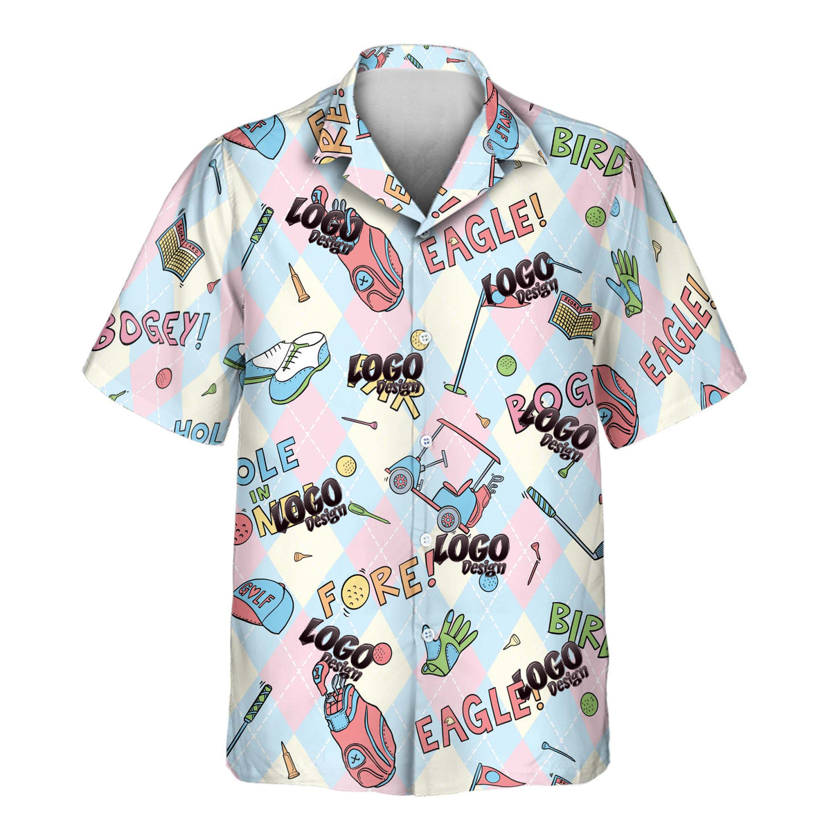 A short-sleeve button-up camp shirt with a colorful golf-themed all-over print on a white background.