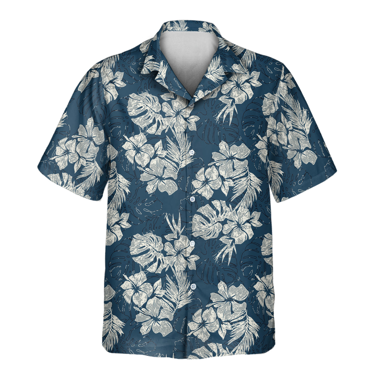Custom Hawaiian Aloha shirt featuring a vintage-inspired hibiscus and tropical leaf pattern in cream and navy blue, perfect for company logos and team events.