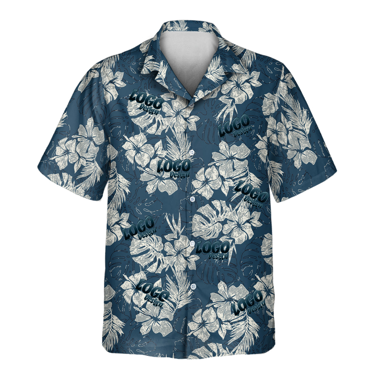 Vintage Hibiscus Vibes custom Aloha shirt with cream hibiscus flowers and tropical leaves on a deep blue background, customizable with your logo.
