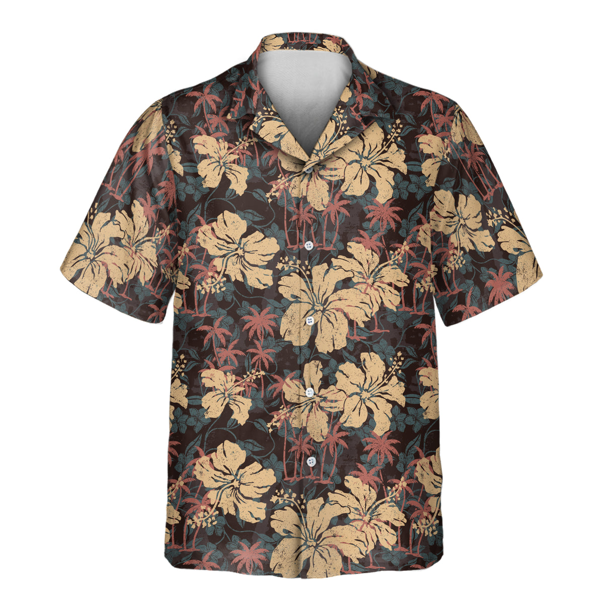 Custom Hawaiian shirt with a vintage grunge tropical print featuring oversized hibiscus blooms, palm trees, and leafy details in warm retro colors.