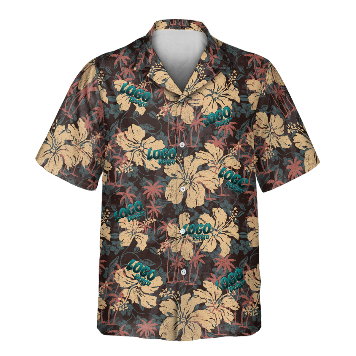 Tropical Grunge Bloom custom Aloha shirt featuring distressed beige hibiscus flowers, coral palm trees, and teal tropical foliage on a dark background.