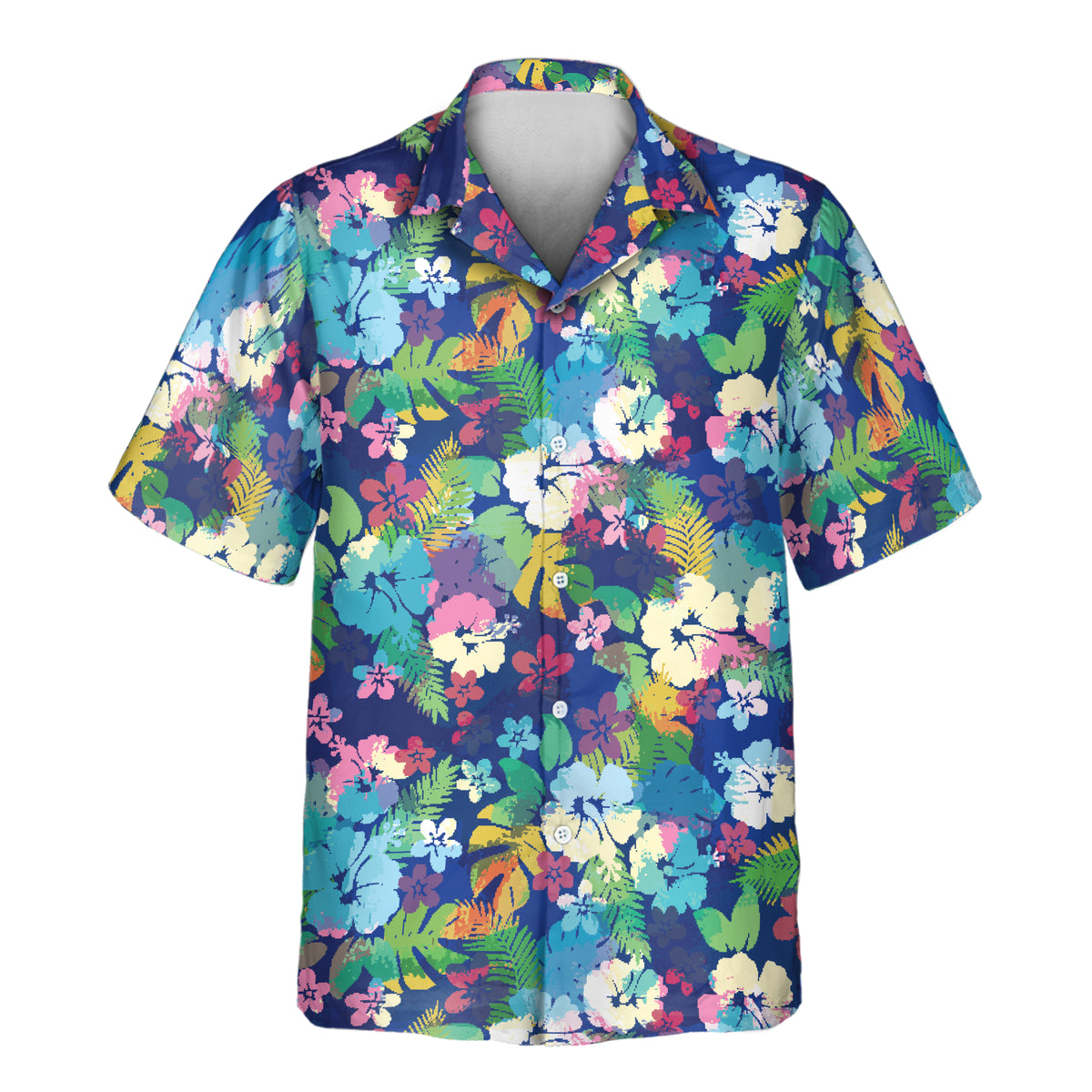 Colorful custom Hawaiian shirt with a vibrant hibiscus floral pattern and tropical leaves on a bold blue background, customizable with your company or team logo.