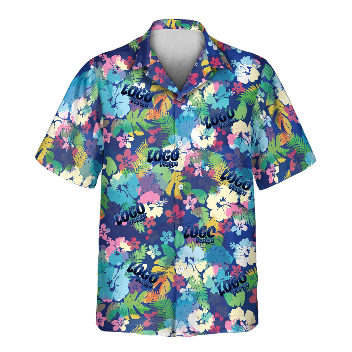 Vibrant Hibiscus custom Aloha shirt featuring colorful tropical flowers and lush foliage in blue, pink, green, yellow, and turquoise on a navy background.
