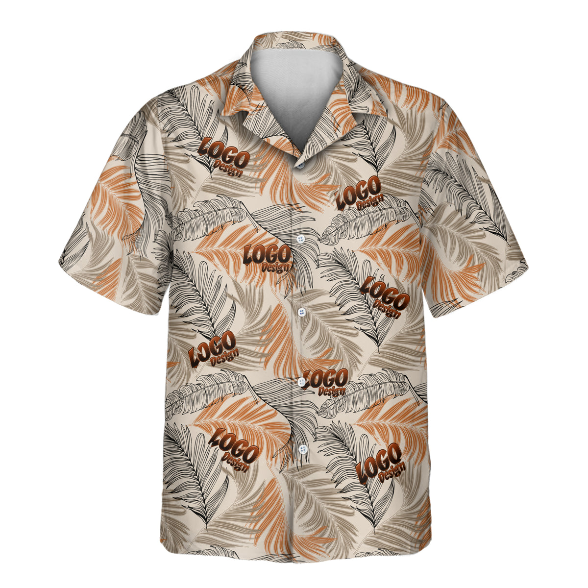 Lush Tropical Foliage custom Aloha shirt featuring an oversized palm-leaf pattern in orange, taupe, and black on a neutral background.